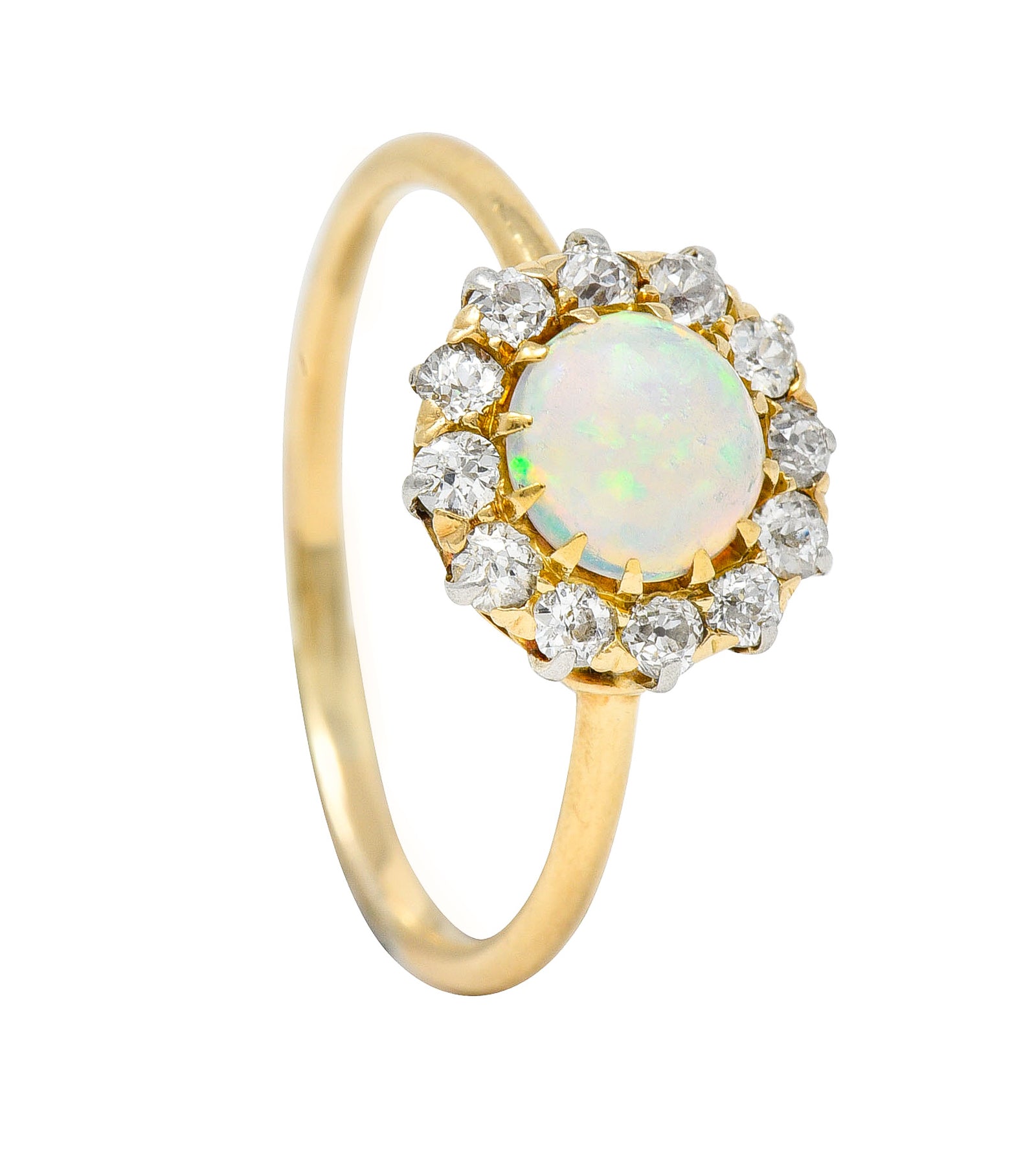 Edwardian Opal Cabochon Old European Cut Diamond Platinum-Topped 18 Karat Yellow Gold Antique Halo Ring Wilson's Estate Jewelry