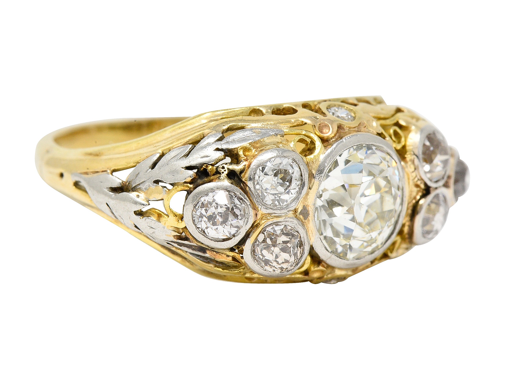 .11111 Arts & Crafts 1.95 CTW Old European Cut Diamond Platinum-Topped 14 Karat Yellow Gold Scrolling Foliate Antique Engagement Ring Wilson's Estate Jewelry