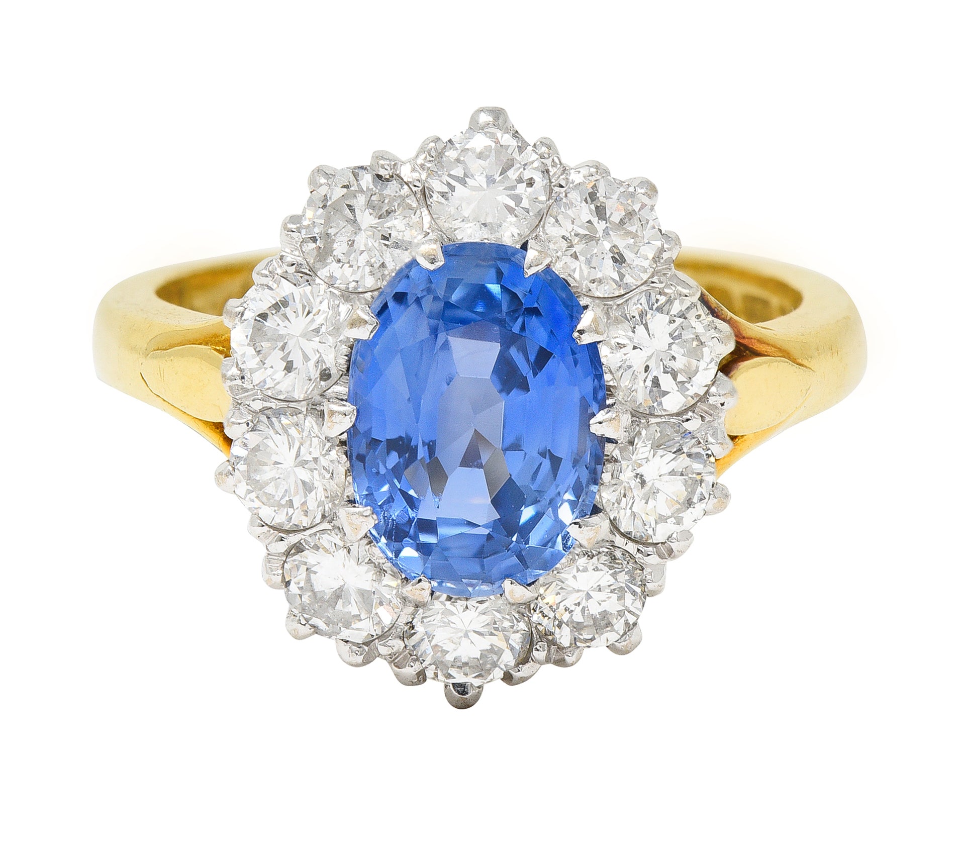 1980's 3.05 CTW Oval Cut No Heat Ceylon Sapphire Diamond 18 Karat Two-Tone Gold Vintage Halo Ring GIA Wilson's Estate Jewelry