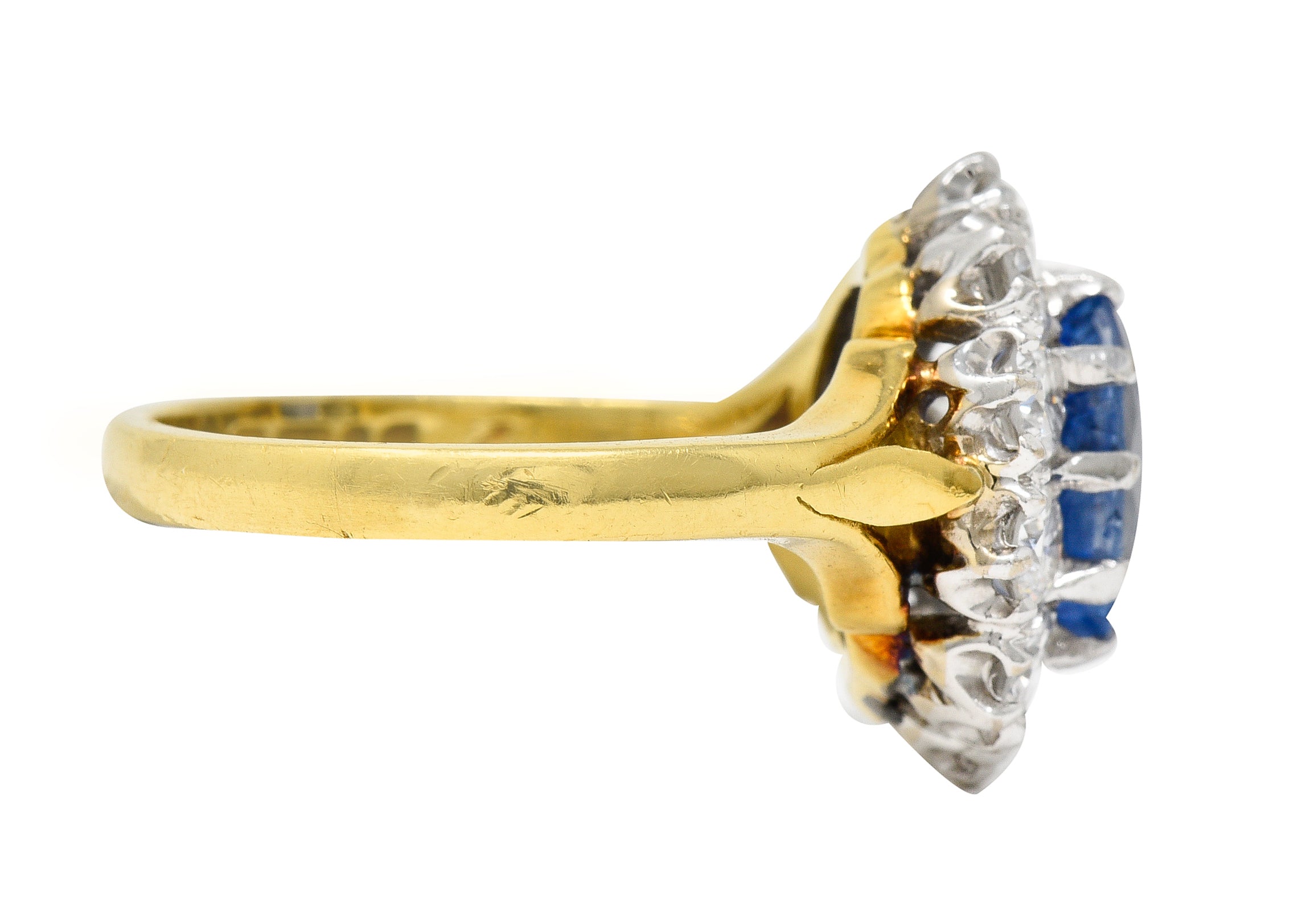 1980's 3.05 CTW Oval Cut No Heat Ceylon Sapphire Diamond 18 Karat Two-Tone Gold Vintage Halo Ring GIA Wilson's Estate Jewelry