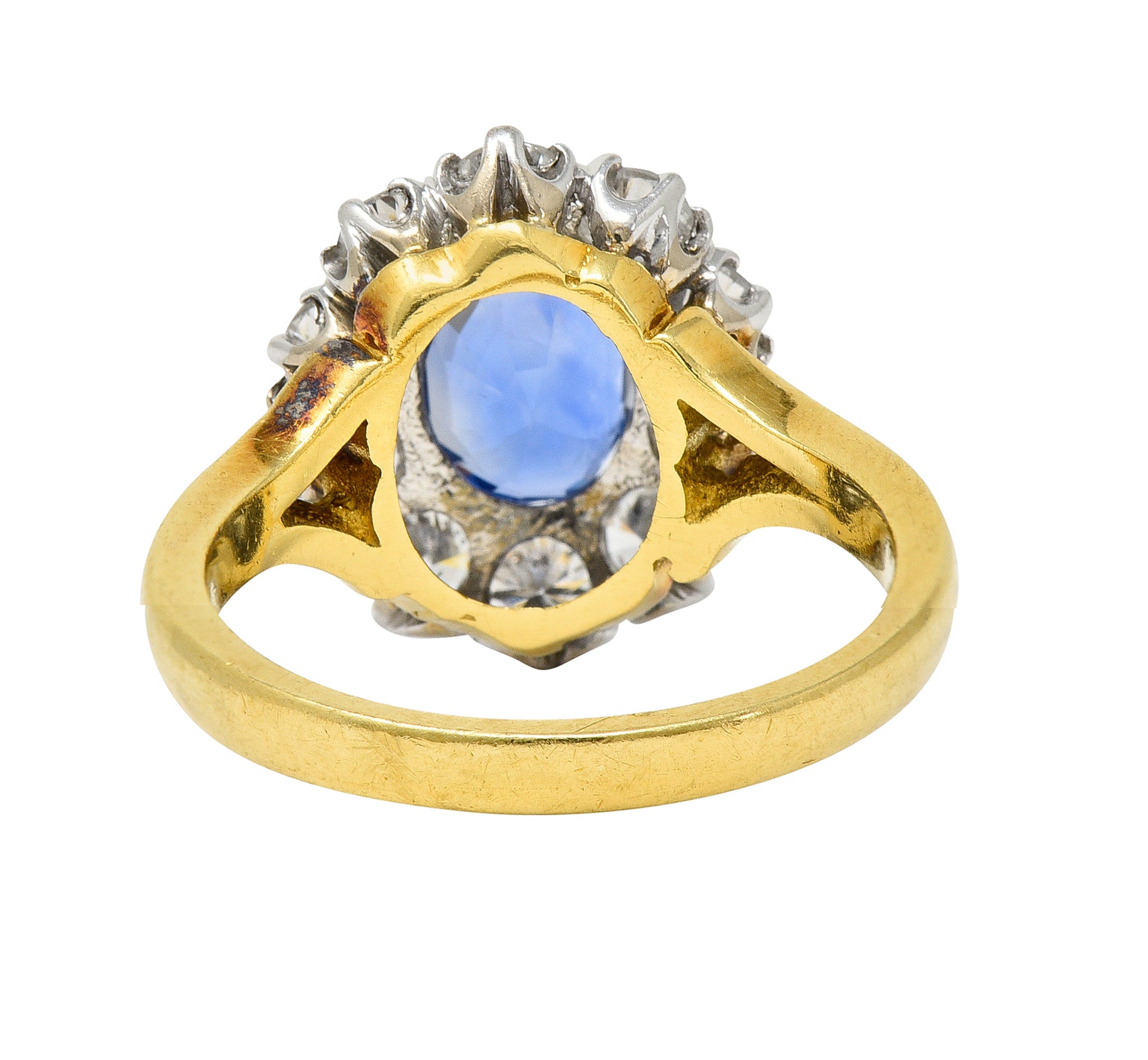 1980's 3.05 CTW Oval Cut No Heat Ceylon Sapphire Diamond 18 Karat Two-Tone Gold Vintage Halo Ring GIA Wilson's Estate Jewelry