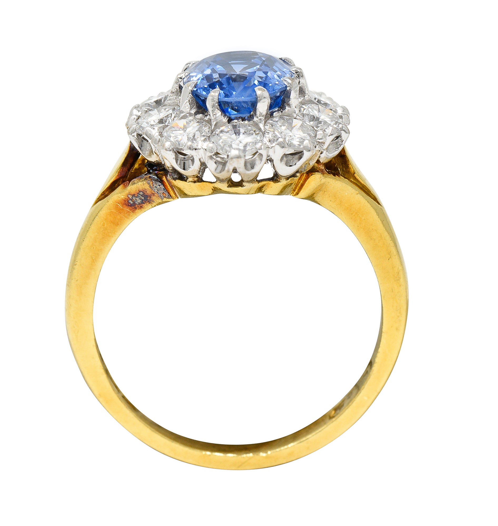 1980's 3.05 CTW Oval Cut No Heat Ceylon Sapphire Diamond 18 Karat Two-Tone Gold Vintage Halo Ring GIA Wilson's Estate Jewelry