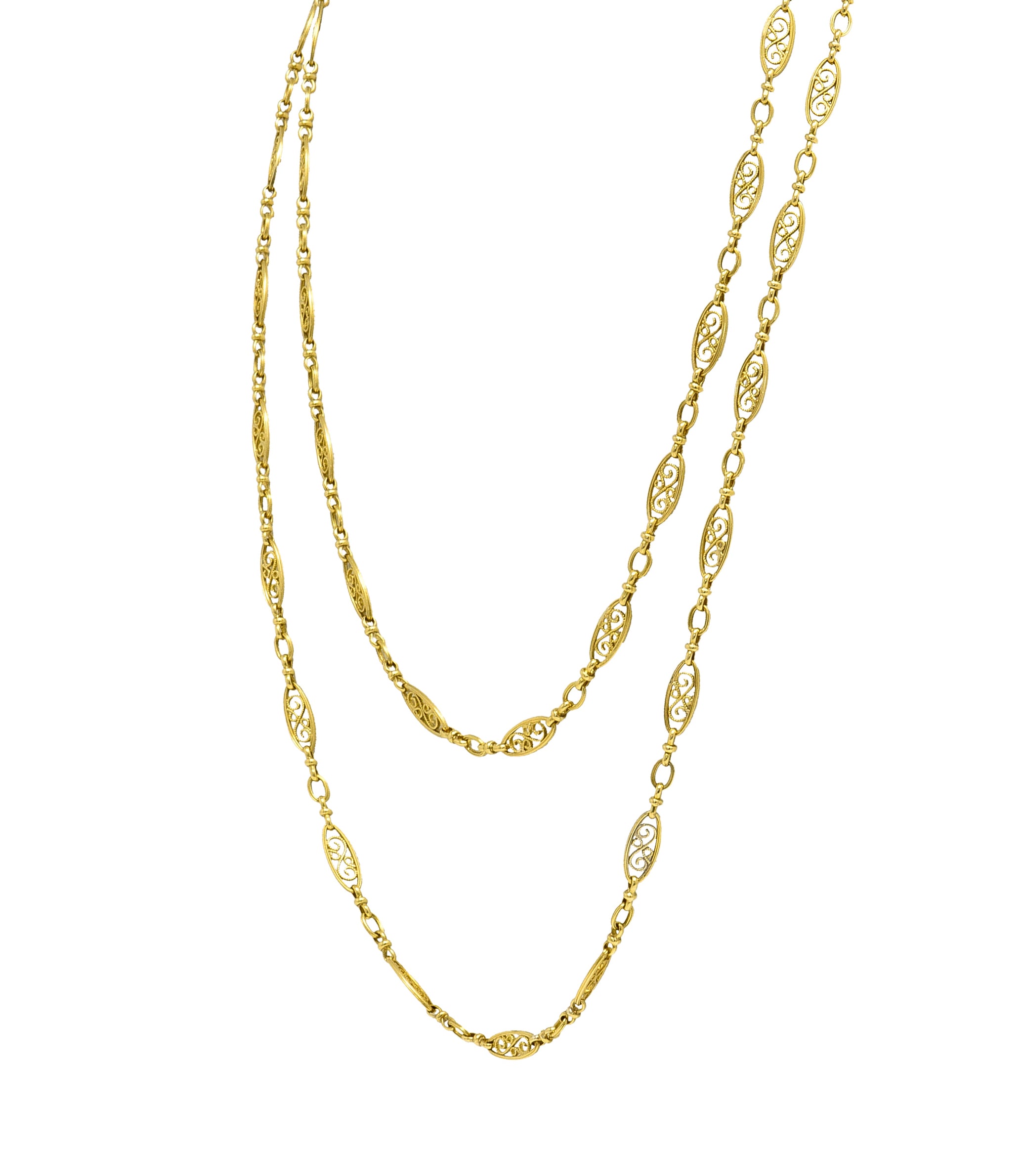 Victorian French 18 Karat Yellow Gold Scrolling Navette Link 40 IN Long Antique Chain Necklace Wilson's Estate Jewelry