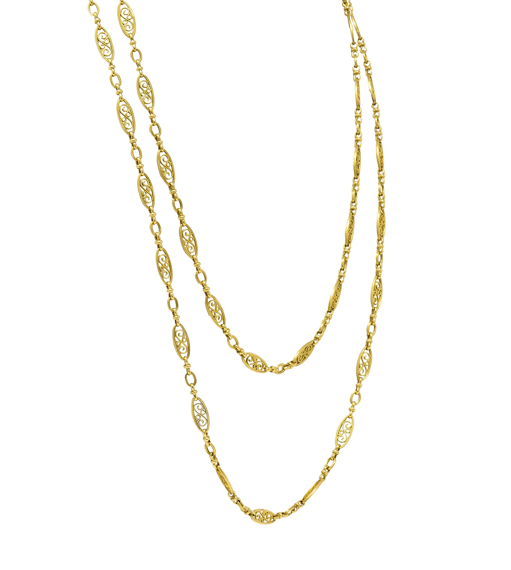 Victorian French 18 Karat Yellow Gold Scrolling Navette Link 40 IN Long Antique Chain Necklace Wilson's Estate Jewelry