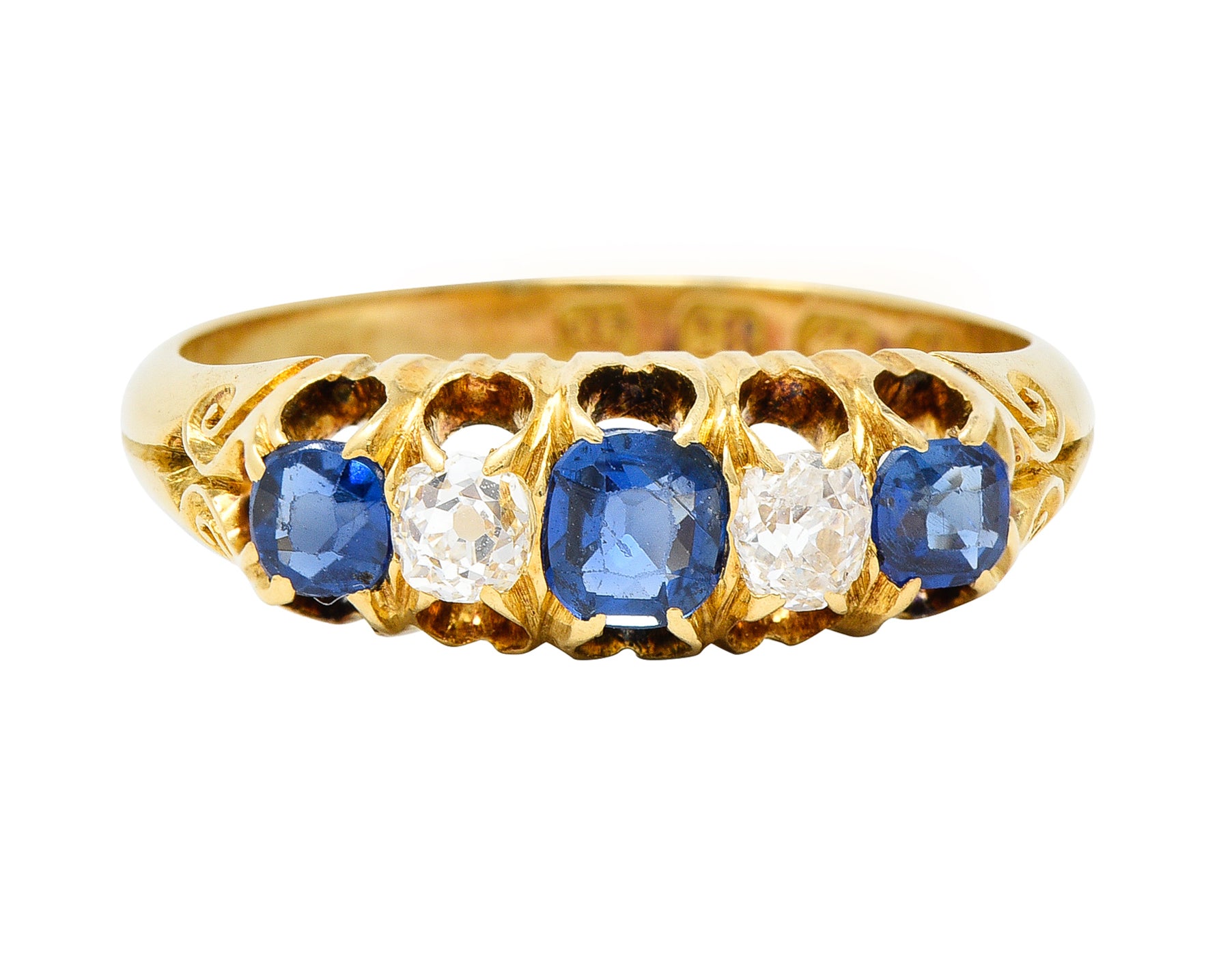 1835 Victorian 1.02 CTW Old Mine Cut Diamond Sapphire 18 Karat Yellow Gold Scrolling Belcher Set Antique Band Ring Wilson's Estate Jewelry