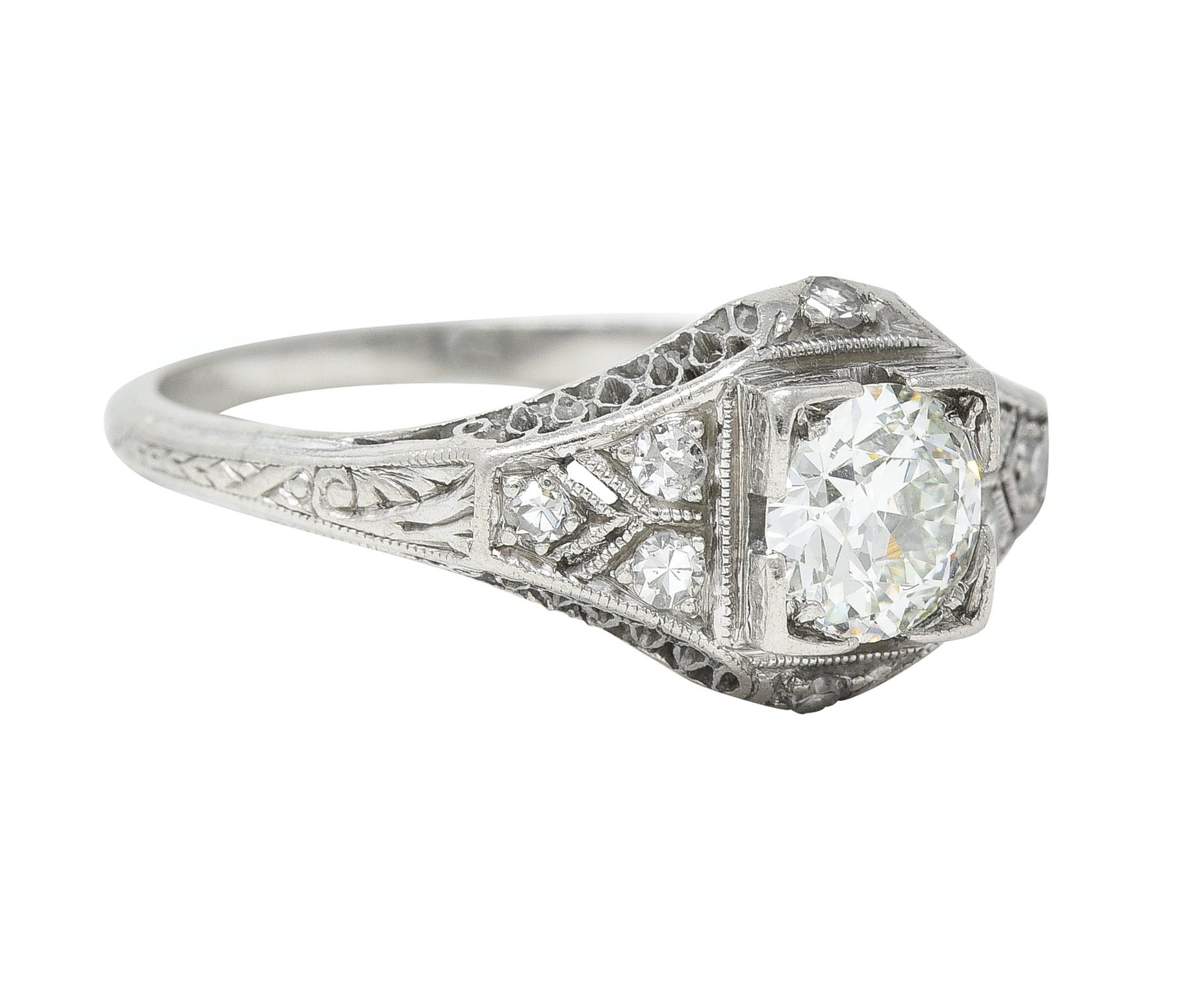 Art Deco 0.66 CTW Old European Cut Diamond Platinum Square Form Lattice Vintage Engagement Ring Wilson's Estate Jewelry