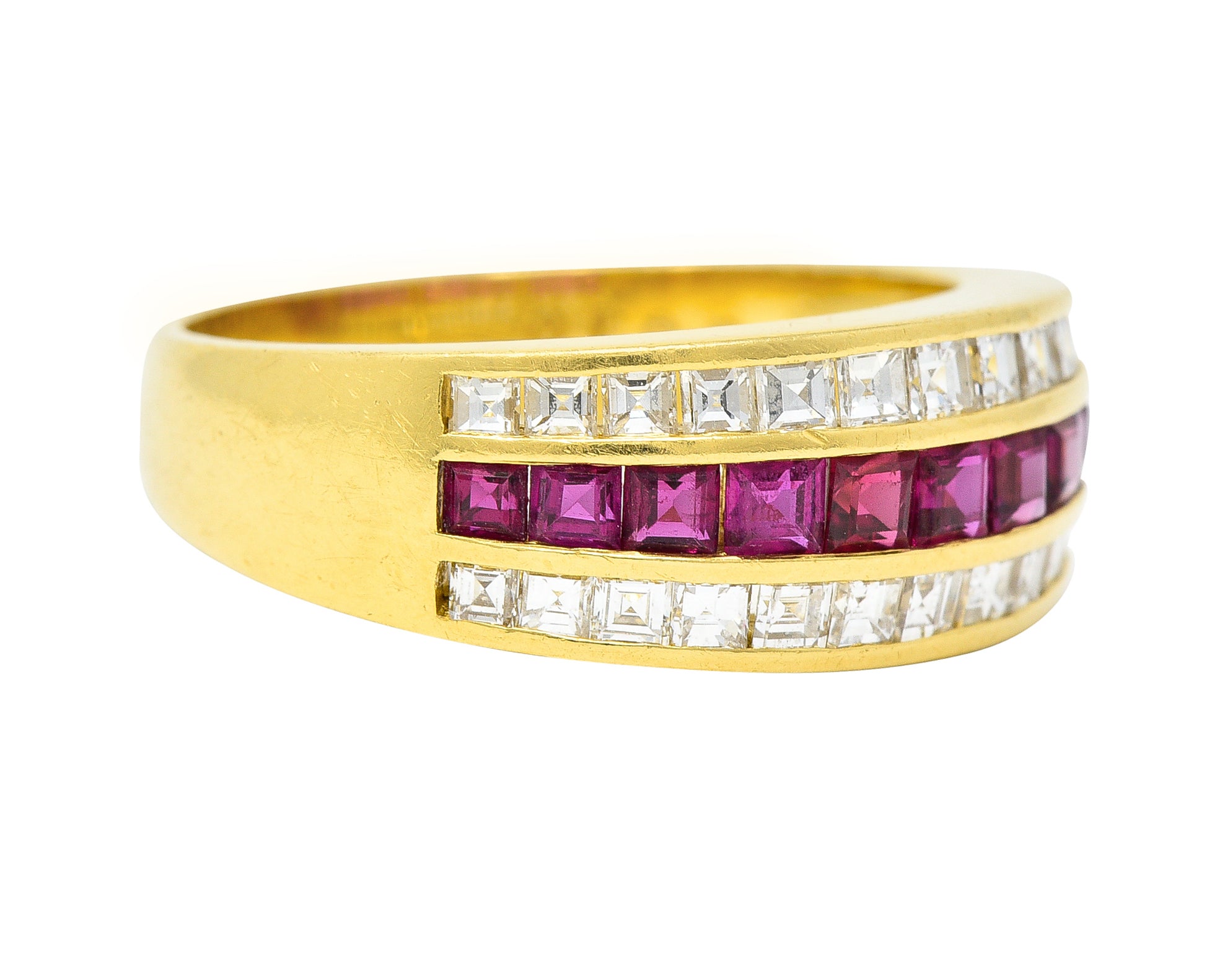 1.42 CTW Square Step-Cut Diamond Ruby 18 Karat Yellow Gold Vintage Channel Band Ring Wilson's Estate Jewelry