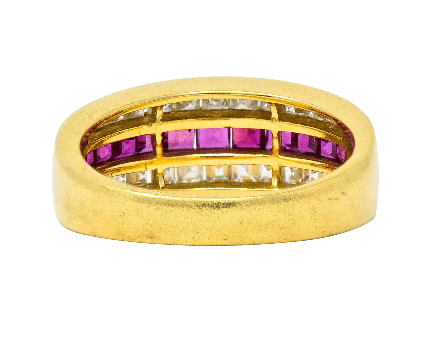 1.42 CTW Square Step-Cut Diamond Ruby 18 Karat Yellow Gold Vintage Channel Band Ring Wilson's Estate Jewelry