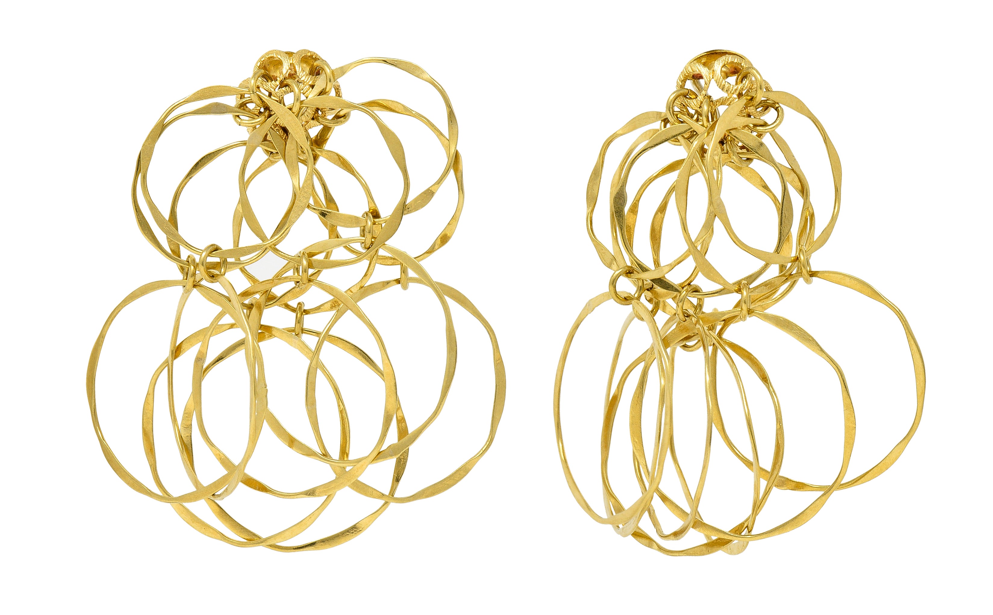 Cartier 1960's 18 Karat Yellow Gold Hammered Multi-Hoop Tiered Vintage Modernist Earrings Wilson's Estate Jewelry