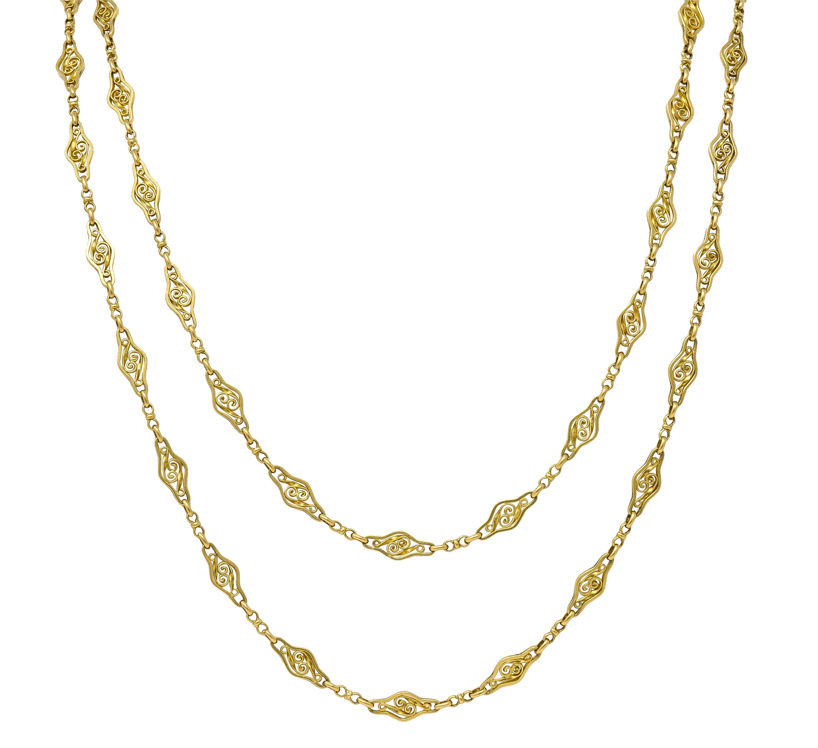 French 18 Karat Yellow Gold Victorian Scrolling Navette Link 60 IN Long Antique Chain Necklace Wilson's Estate Jewelry