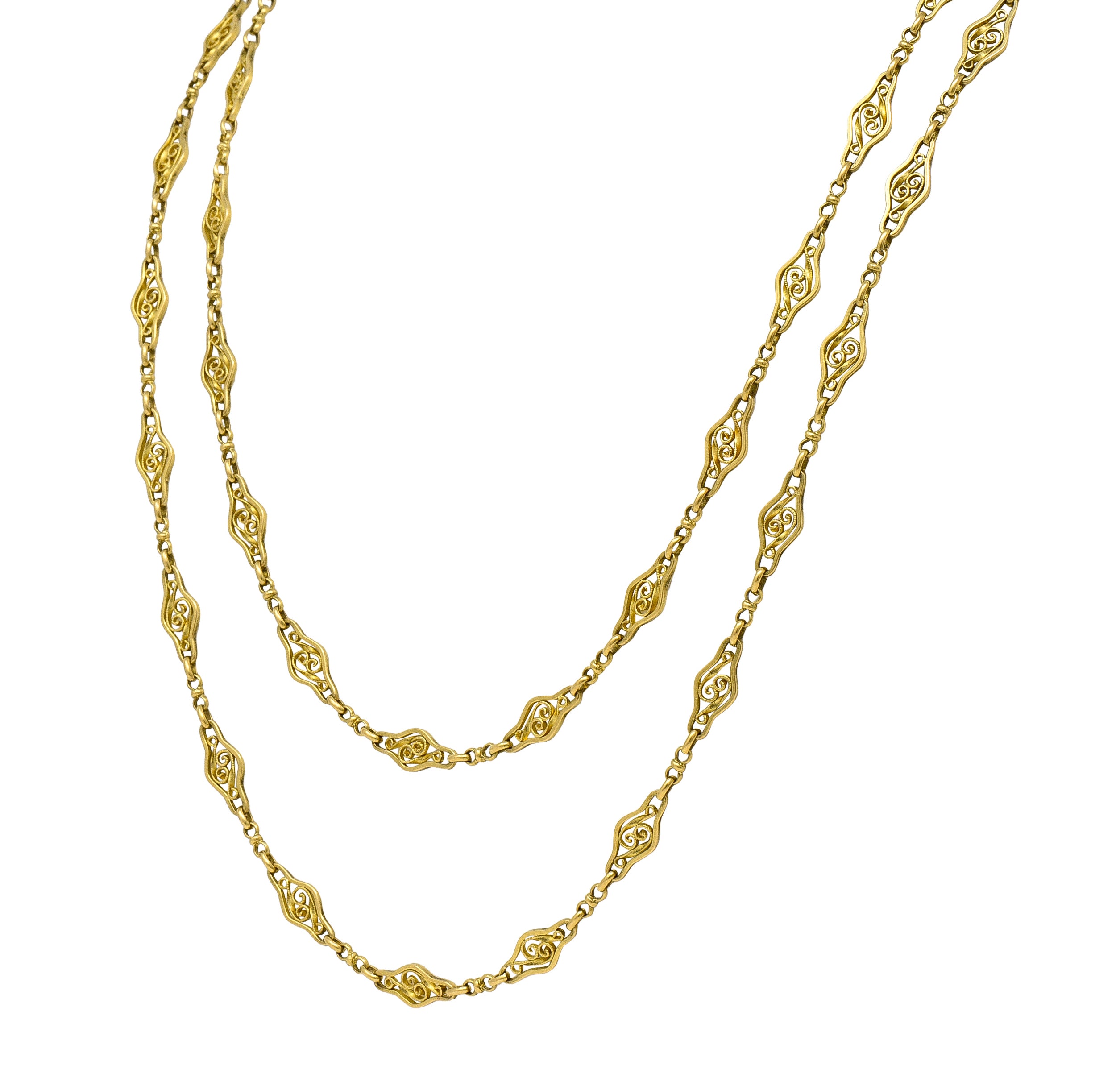 French 18 Karat Yellow Gold Victorian Scrolling Navette Link 60 IN Long Antique Chain Necklace Wilson's Estate Jewelry