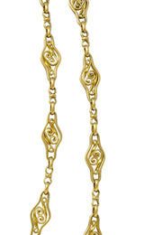 French 18 Karat Yellow Gold Victorian Scrolling Navette Link 60 IN Long Antique Chain Necklace Wilson's Estate Jewelry