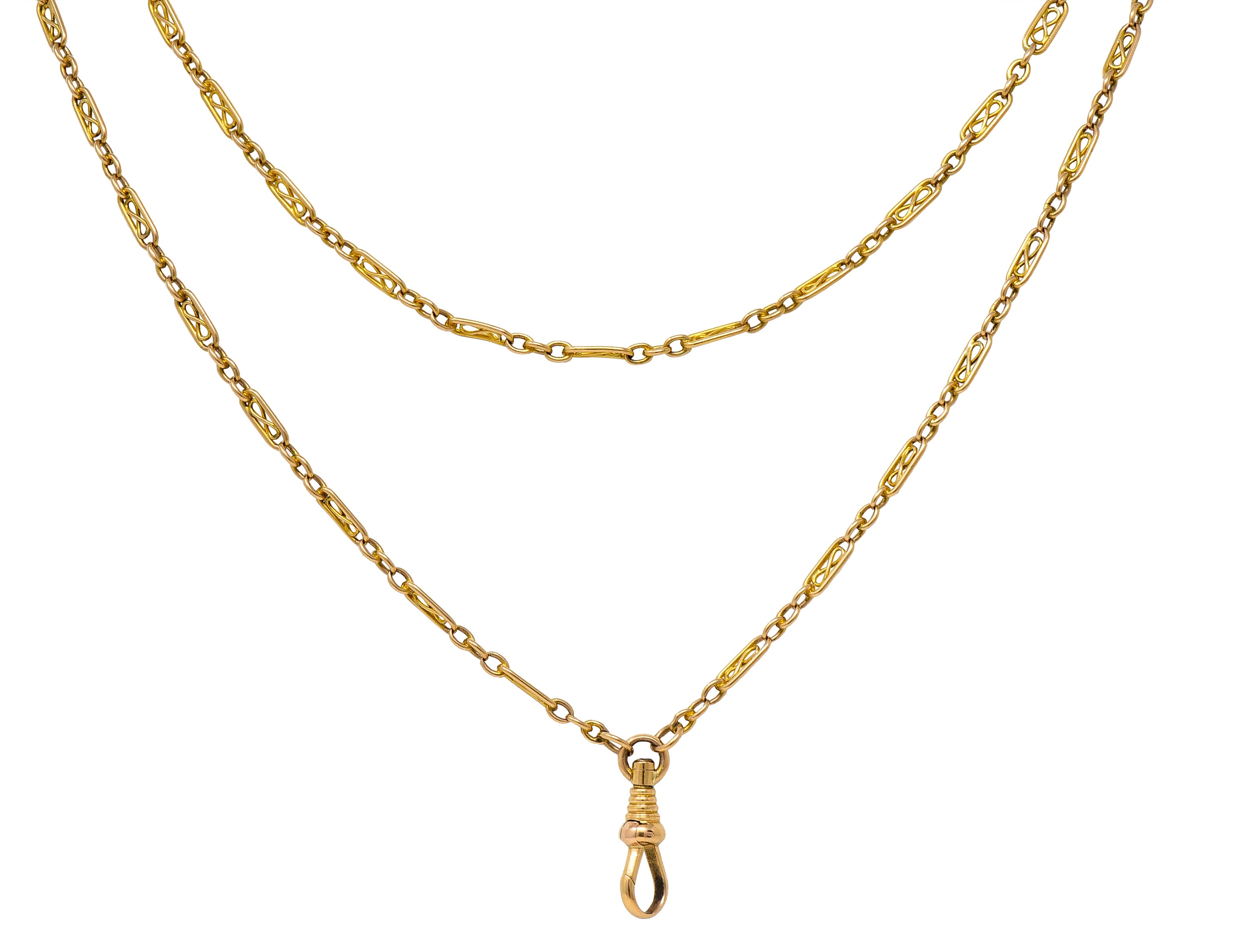 Victorian 14 Karat Yellow Gold Infinity Link 64 1/2 IN Long Antique Fob Chain Necklace Wilson's Estate Jewelry