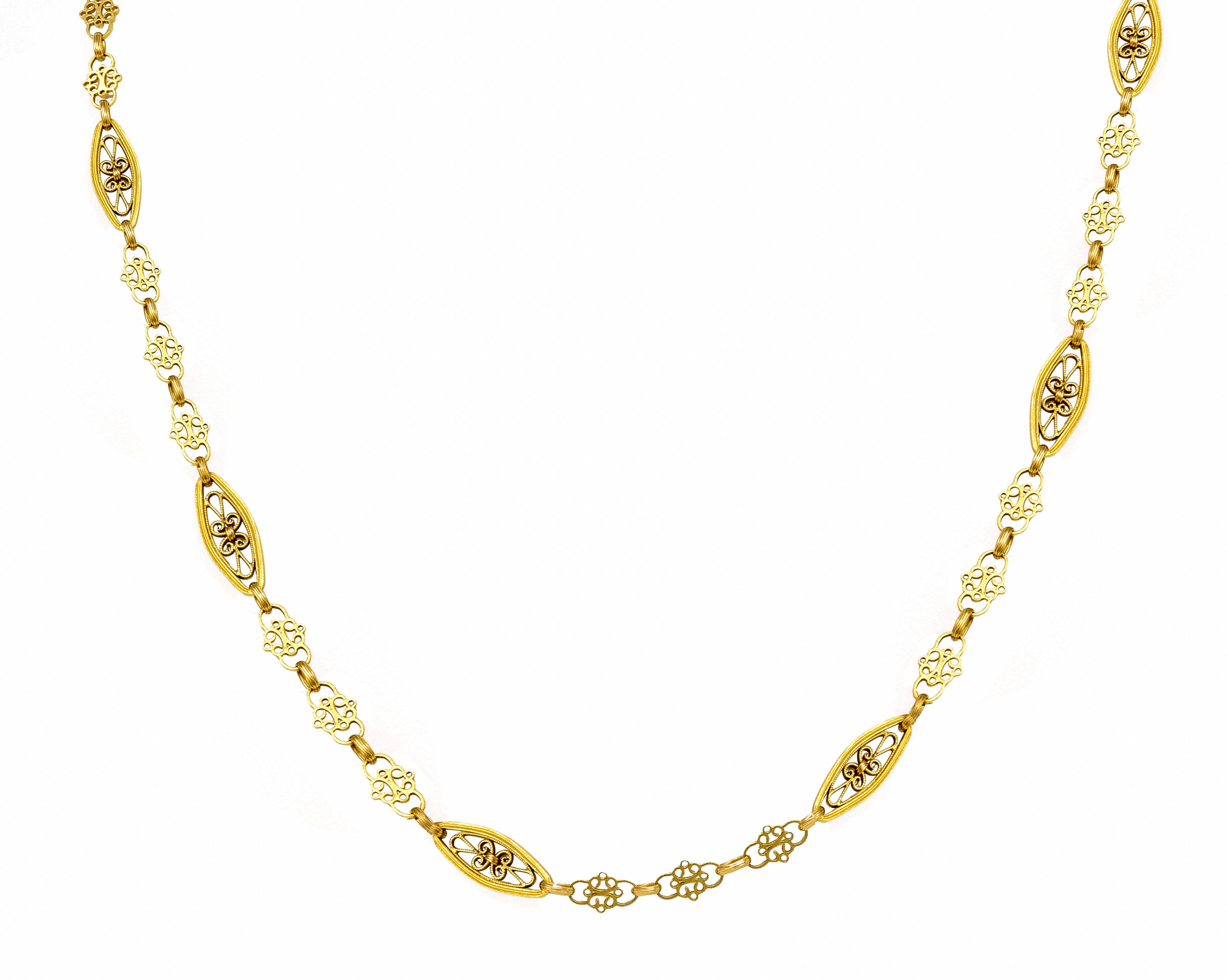 French Victorian 18 Karat Yellow Gold Whiplash Navette Link Antique Chain Necklace Wilson's Estate Jewelry