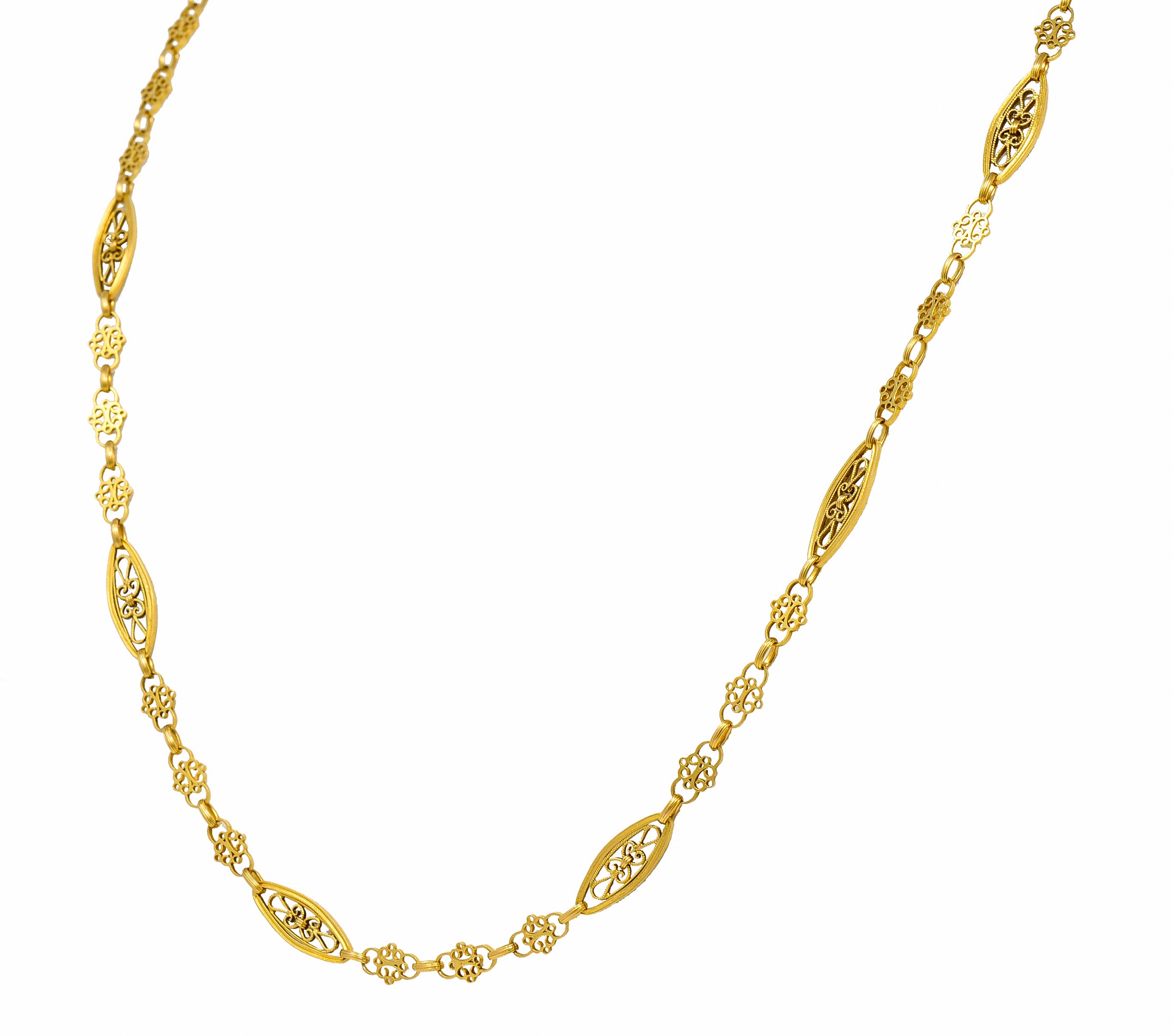 French Victorian 18 Karat Yellow Gold Whiplash Navette Link Antique Chain Necklace Wilson's Estate Jewelry