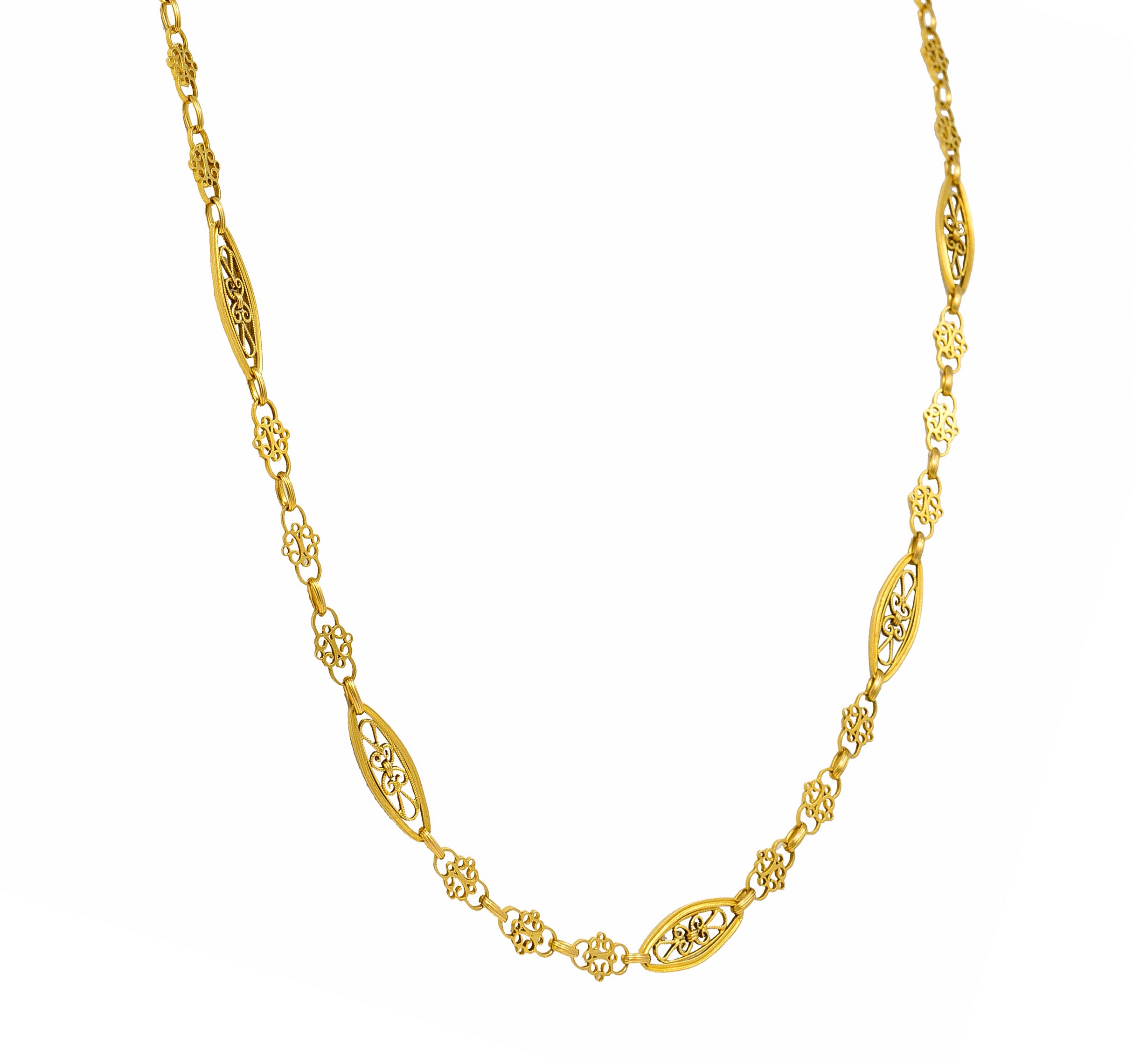 French Victorian 18 Karat Yellow Gold Whiplash Navette Link Antique Chain Necklace Wilson's Estate Jewelry