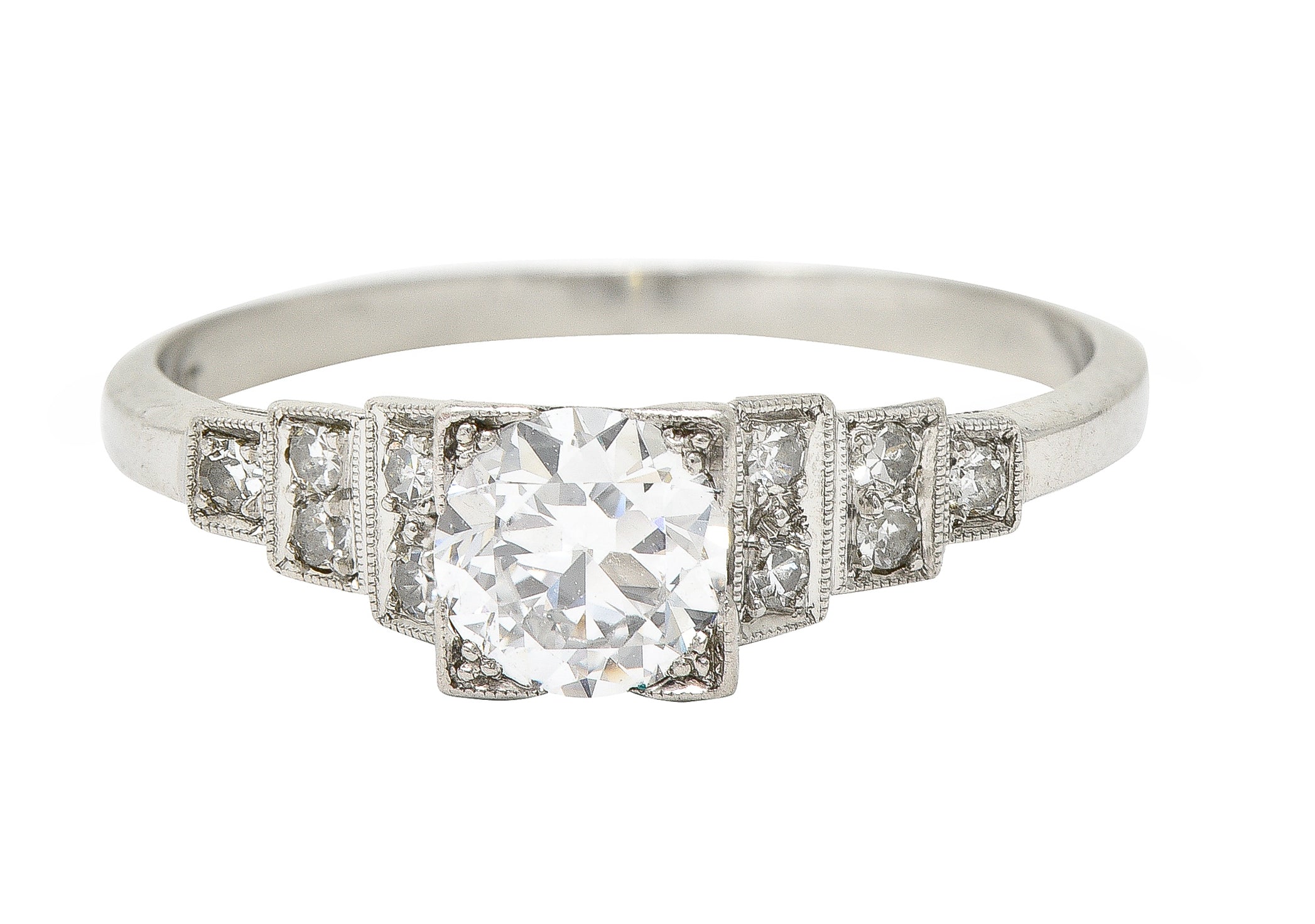 Art Deco 0.66 CTW Old European Cut Diamond Platinum Square Form Stepped Engagement Ring Wilson's Estate Jewelry