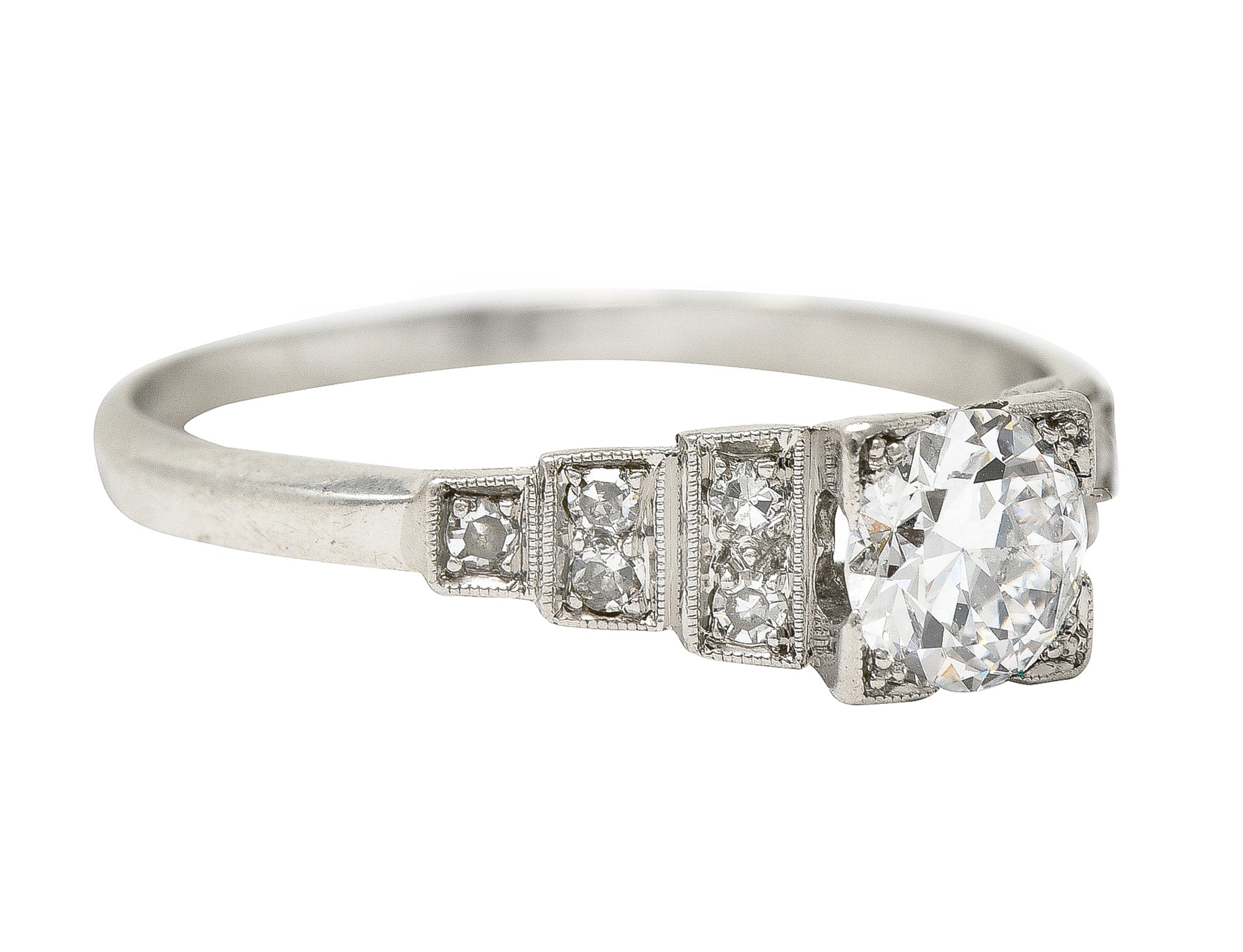 Art Deco 0.66 CTW Old European Cut Diamond Platinum Square Form Stepped Engagement Ring Wilson's Estate Jewelry