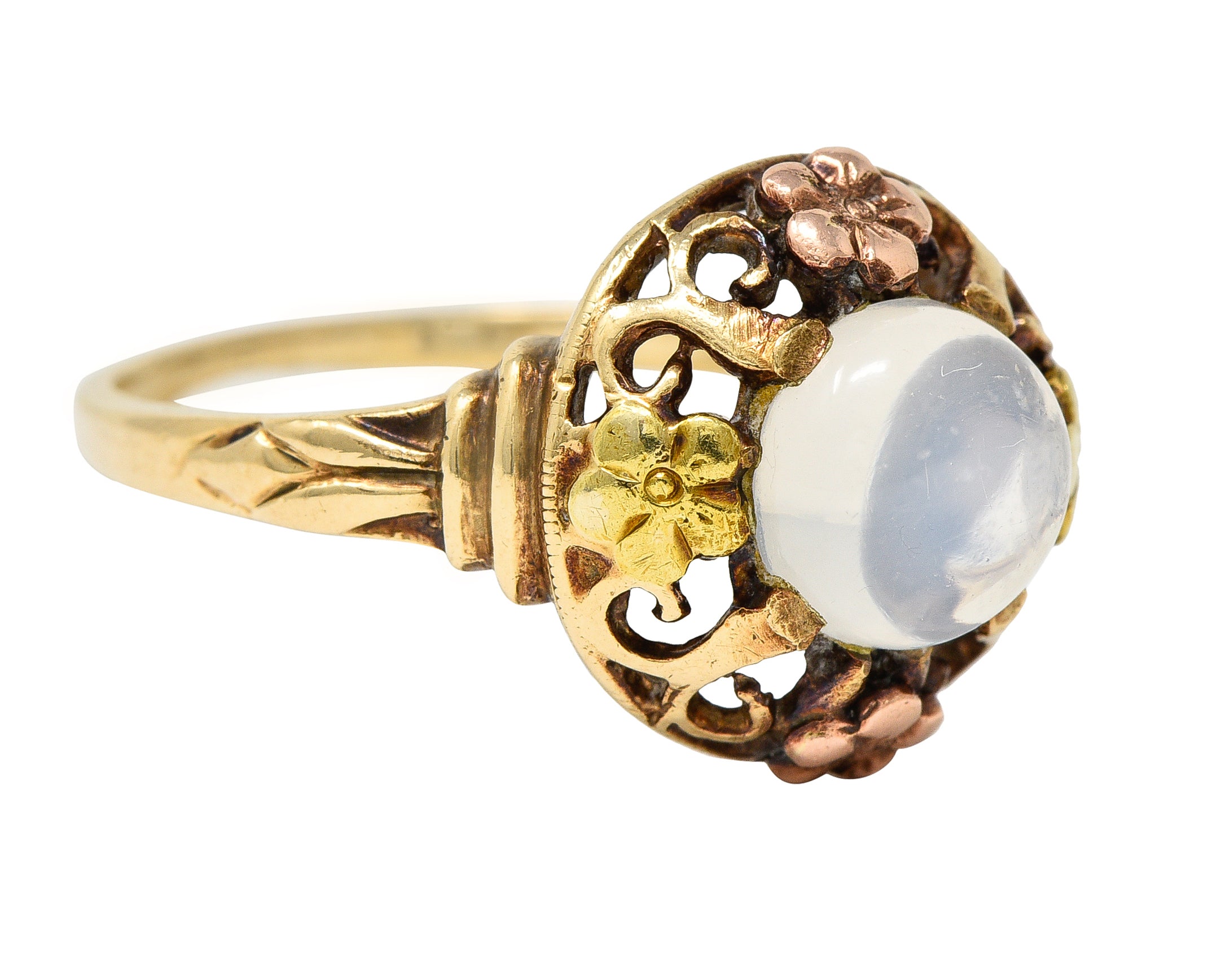 Arts & Crafts Moonstone Cabochon 14 Karat Tri-Colored Gold Floral Whiplash Antique Ring Wilson's Estate Jewelry