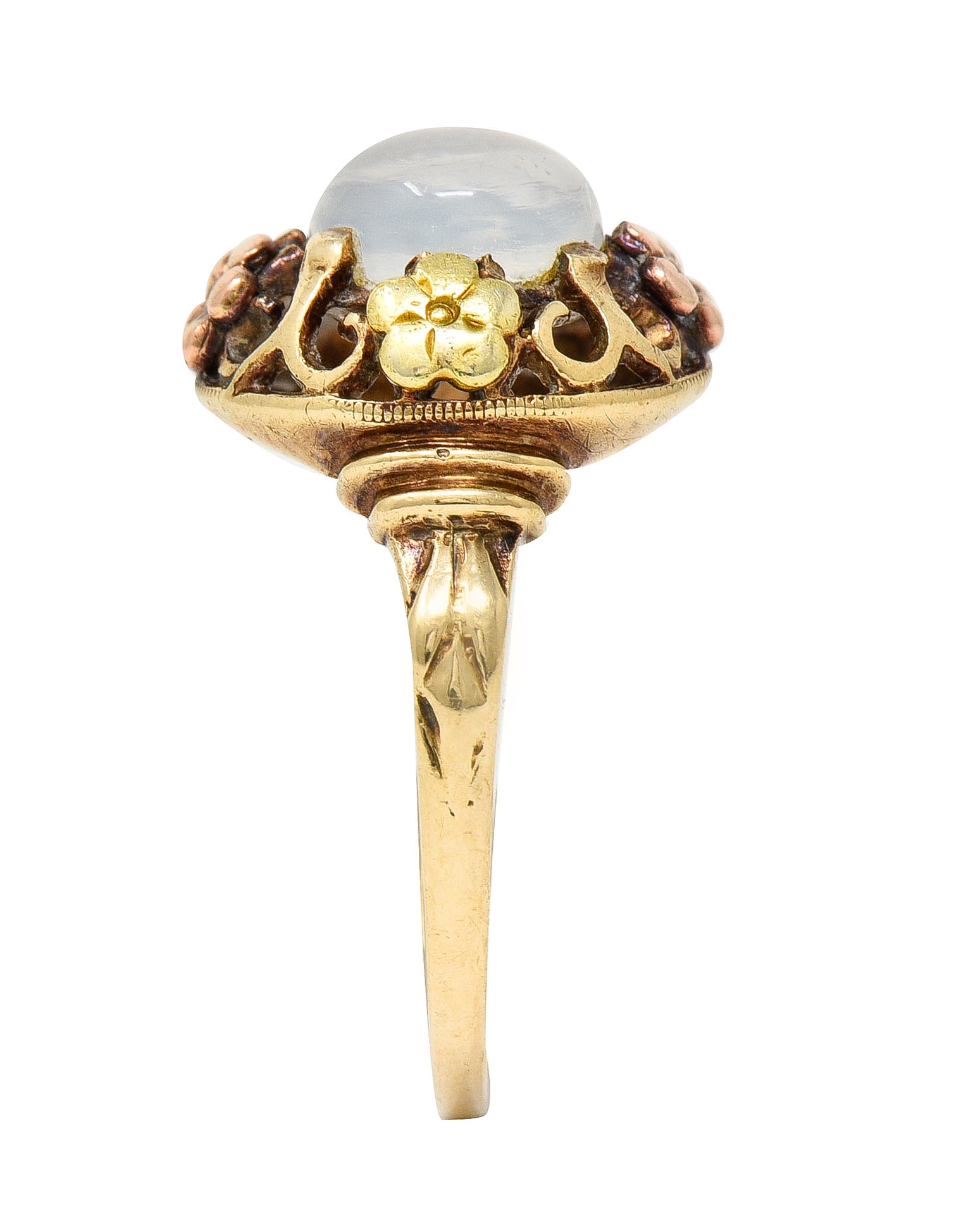 Arts & Crafts Moonstone Cabochon 14 Karat Tri-Colored Gold Floral Whiplash Antique Ring Wilson's Estate Jewelry