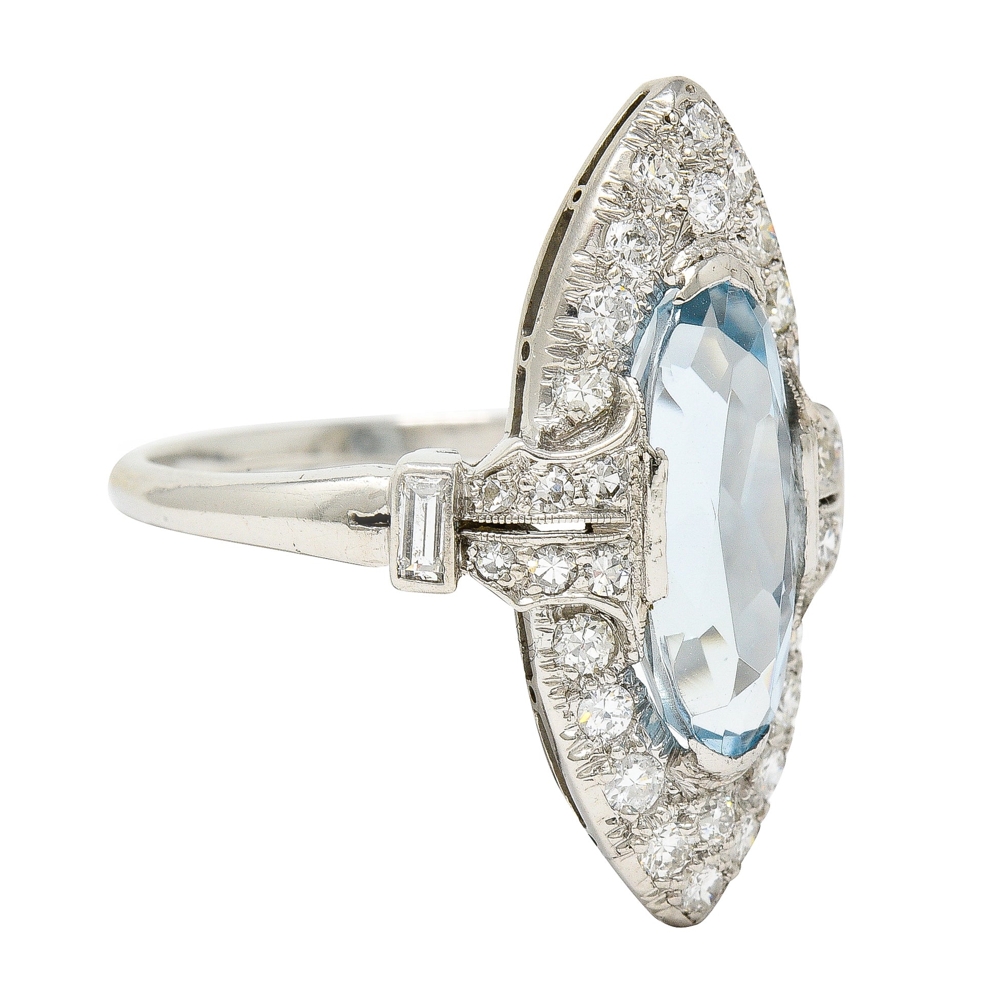 Art Deco 4.10 CTW Aquamarine Diamond Platinum Navette Cluster Dinner Ring Wilson's Estate Jewelry