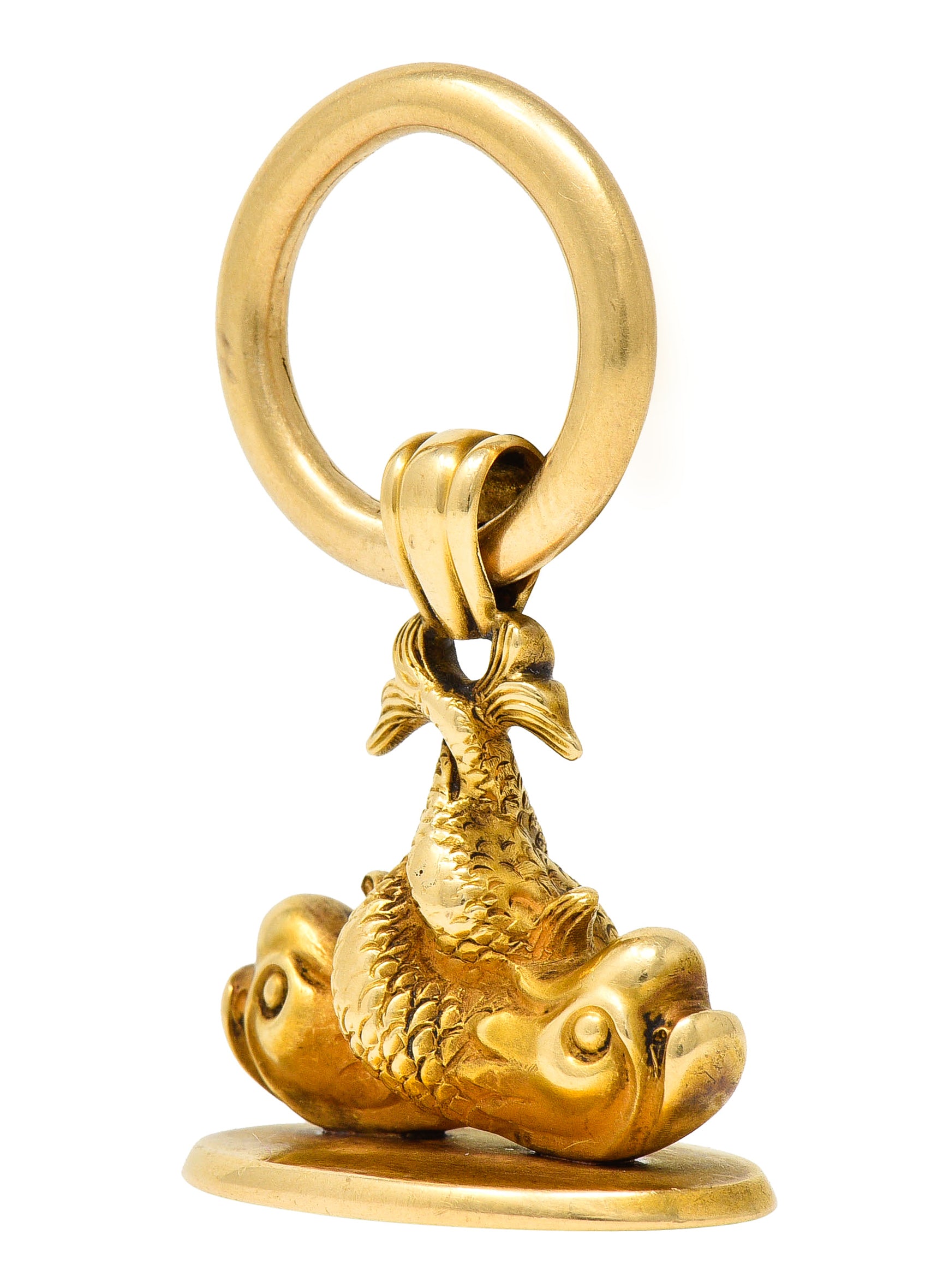 Victorian 14 Karat Yellow Gold Entwined Fish Antique Pisces Zodiac 'S' Fob Pendant Wilson's Estate Jewelry