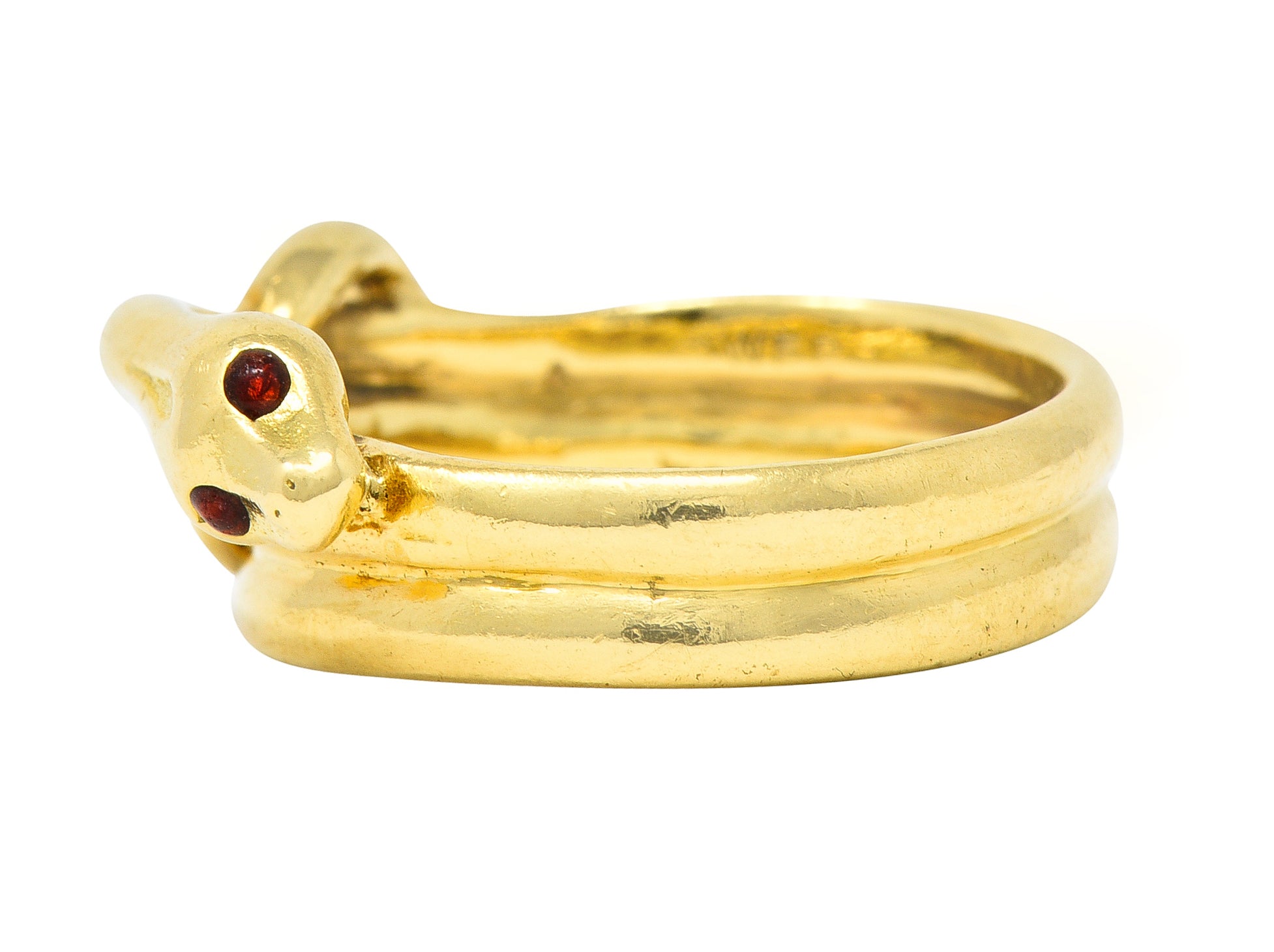 David Webb 1970's Ruby 18 Karat Yellow Gold Knotted Snake Vintage Band Ring Wilson's Estate Jewelry