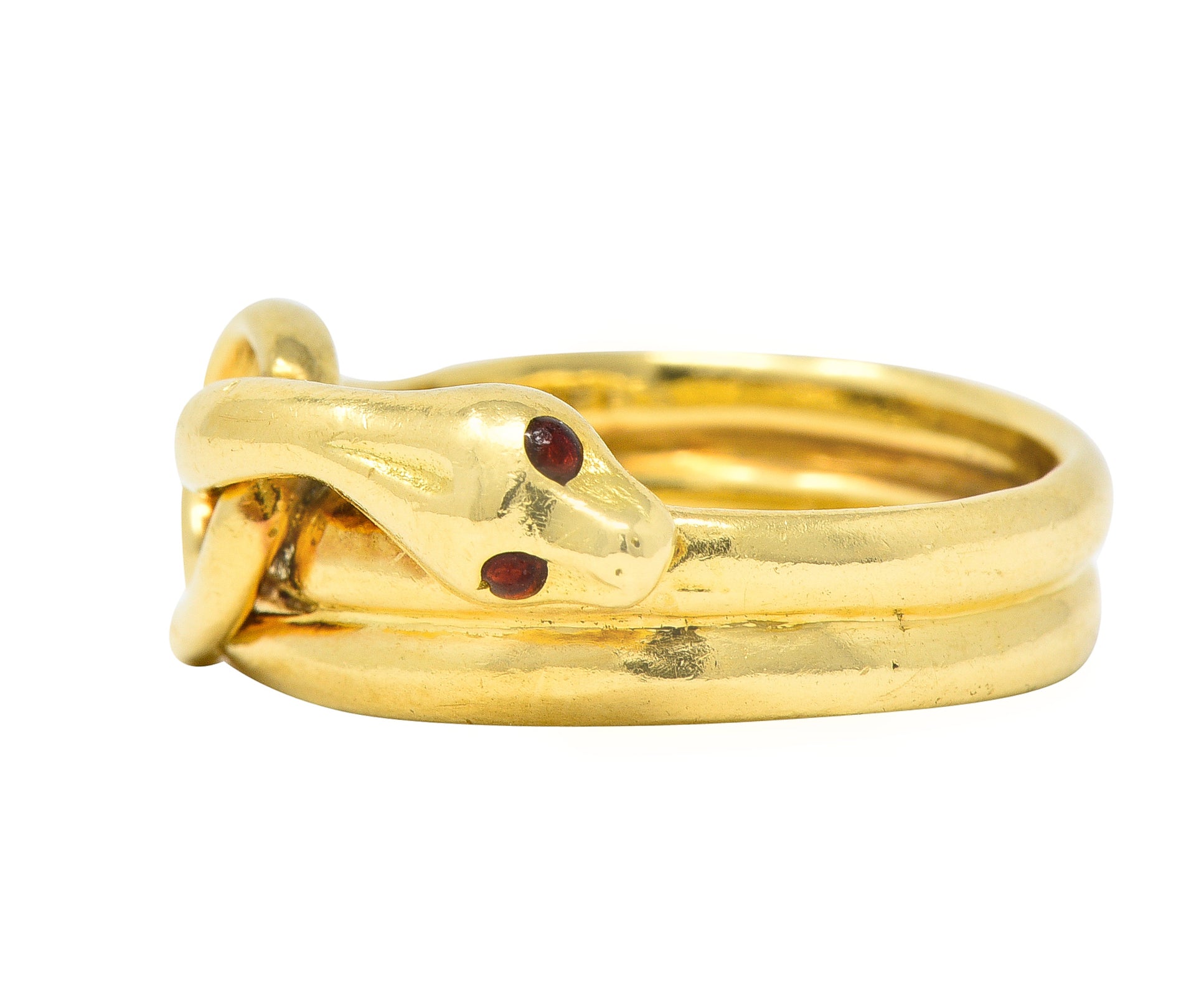 David Webb 1970's Ruby 18 Karat Yellow Gold Knotted Snake Vintage Band Ring Wilson's Estate Jewelry