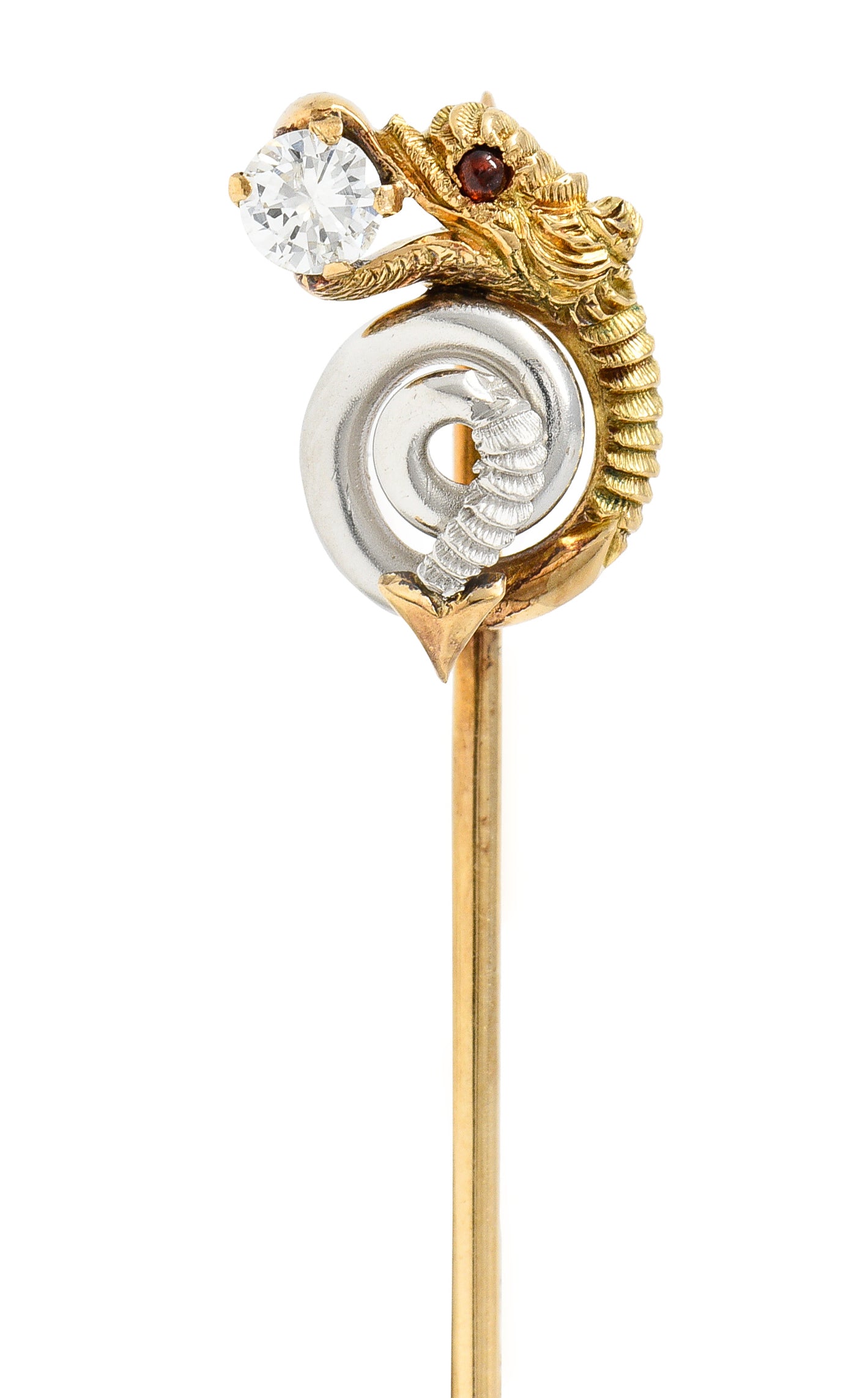 Art Nouveau Diamond Garnet Platinum 14 Karat Yellow Gold Serpent Antique Stickpin Wilson's Estate Jewelry