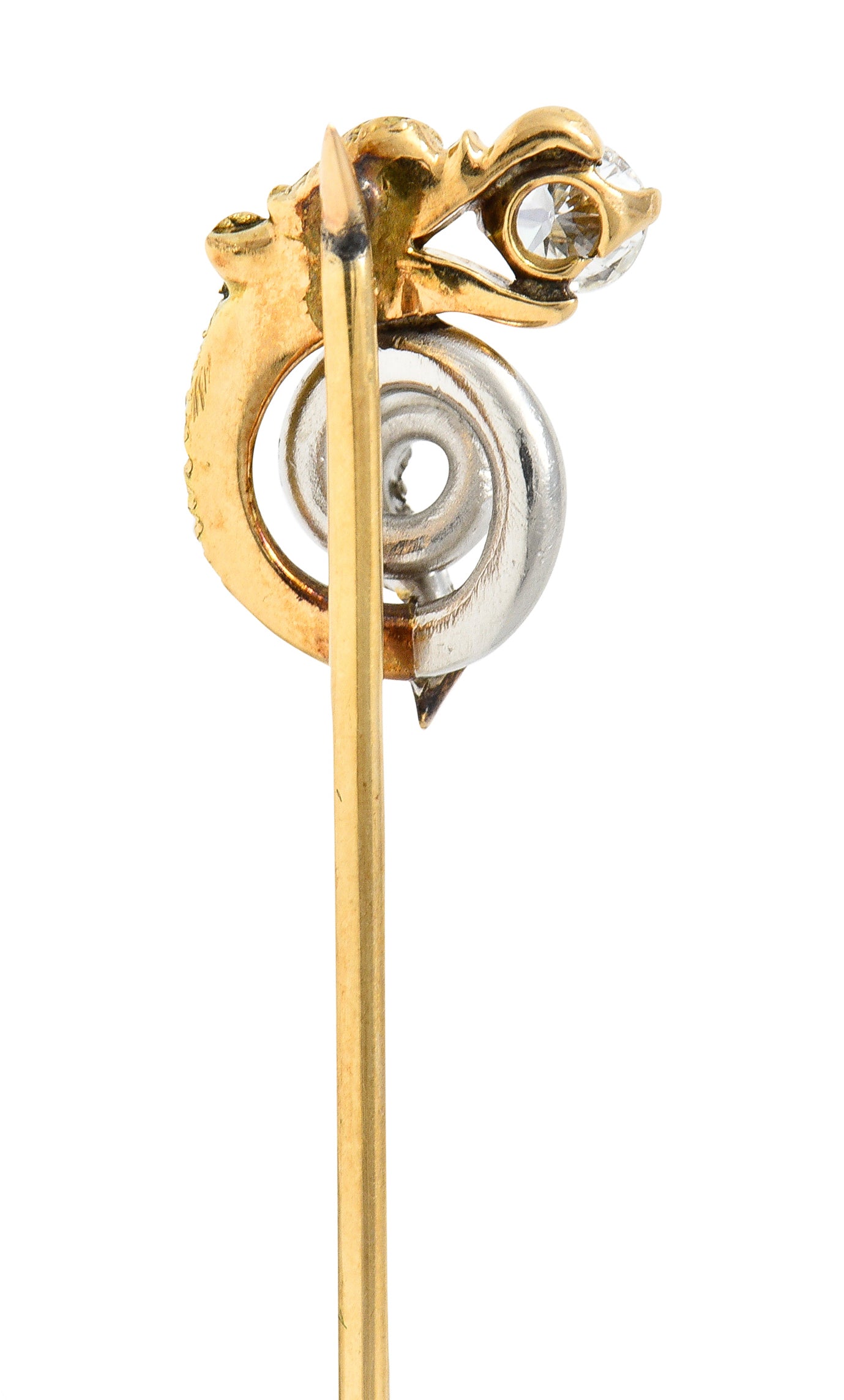 Art Nouveau Diamond Garnet Platinum 14 Karat Yellow Gold Serpent Antique Stickpin Wilson's Estate Jewelry