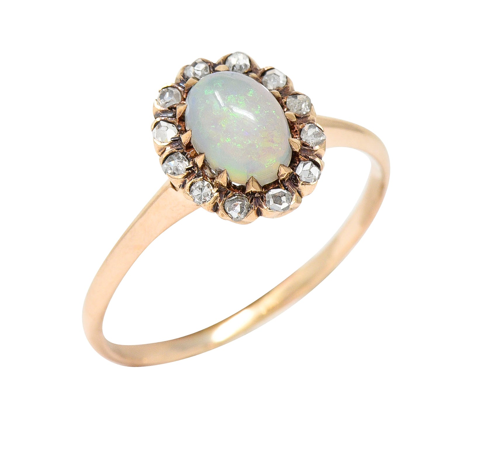 .11111 Victorian Opal Cabochon Diamond 14 Karat Rose Gold Antique Halo Ring Wilson's Estate Jewelry