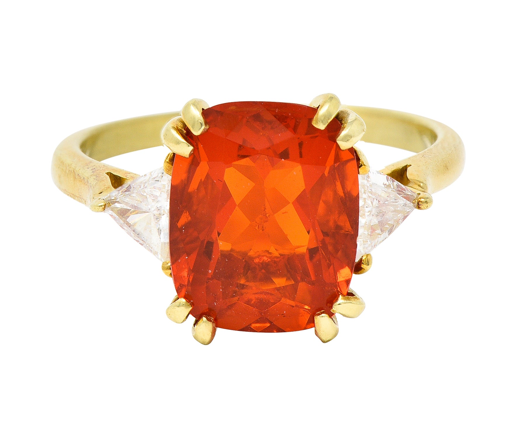 1980's 3.48 CTW Fire Opal Trillion Cut Diamond 18 Karat Yellow Gold Vintage Three Stone Ring Wilson's Estate Jewelry