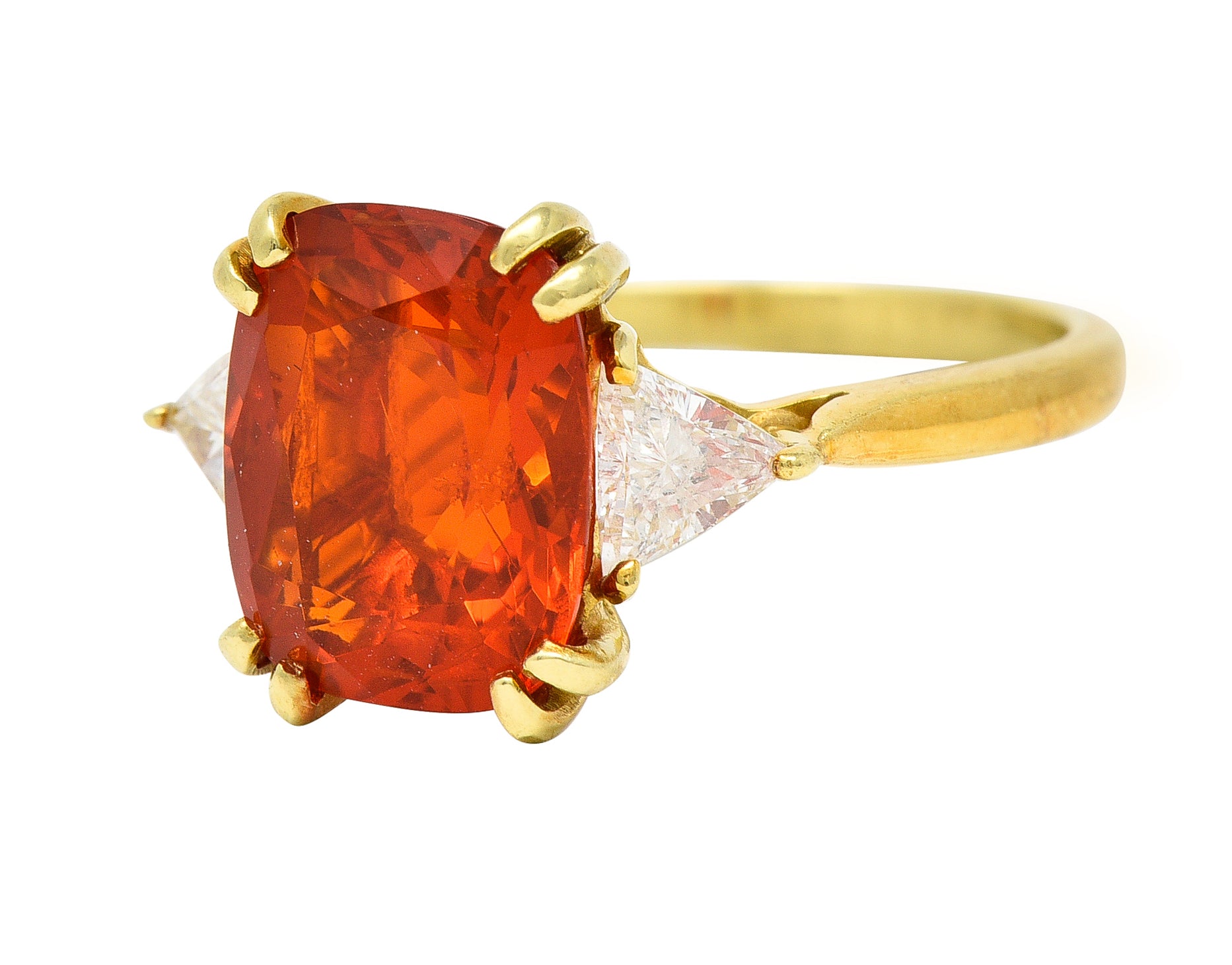 1980's 3.48 CTW Fire Opal Trillion Cut Diamond 18 Karat Yellow Gold Vintage Three Stone Ring Wilson's Estate Jewelry