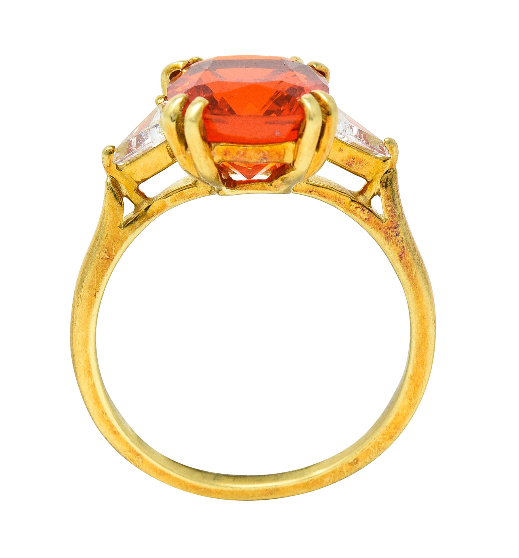 1980's 3.48 CTW Fire Opal Trillion Cut Diamond 18 Karat Yellow Gold Vintage Three Stone Ring Wilson's Estate Jewelry