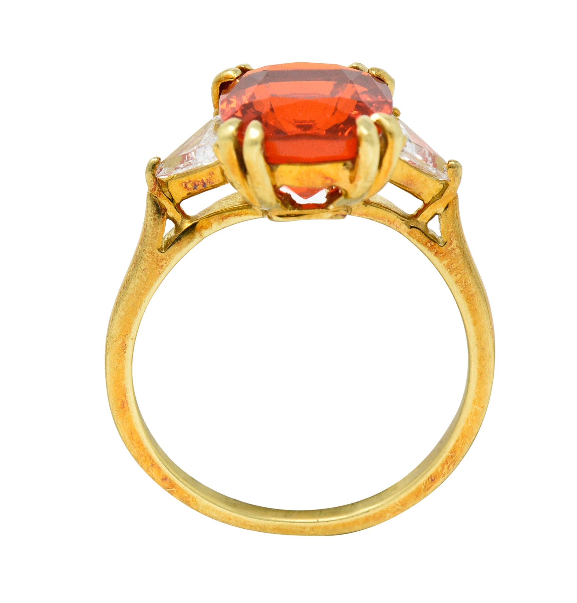 1980's 3.48 CTW Fire Opal Trillion Cut Diamond 18 Karat Yellow Gold Vintage Three Stone Ring Wilson's Estate Jewelry