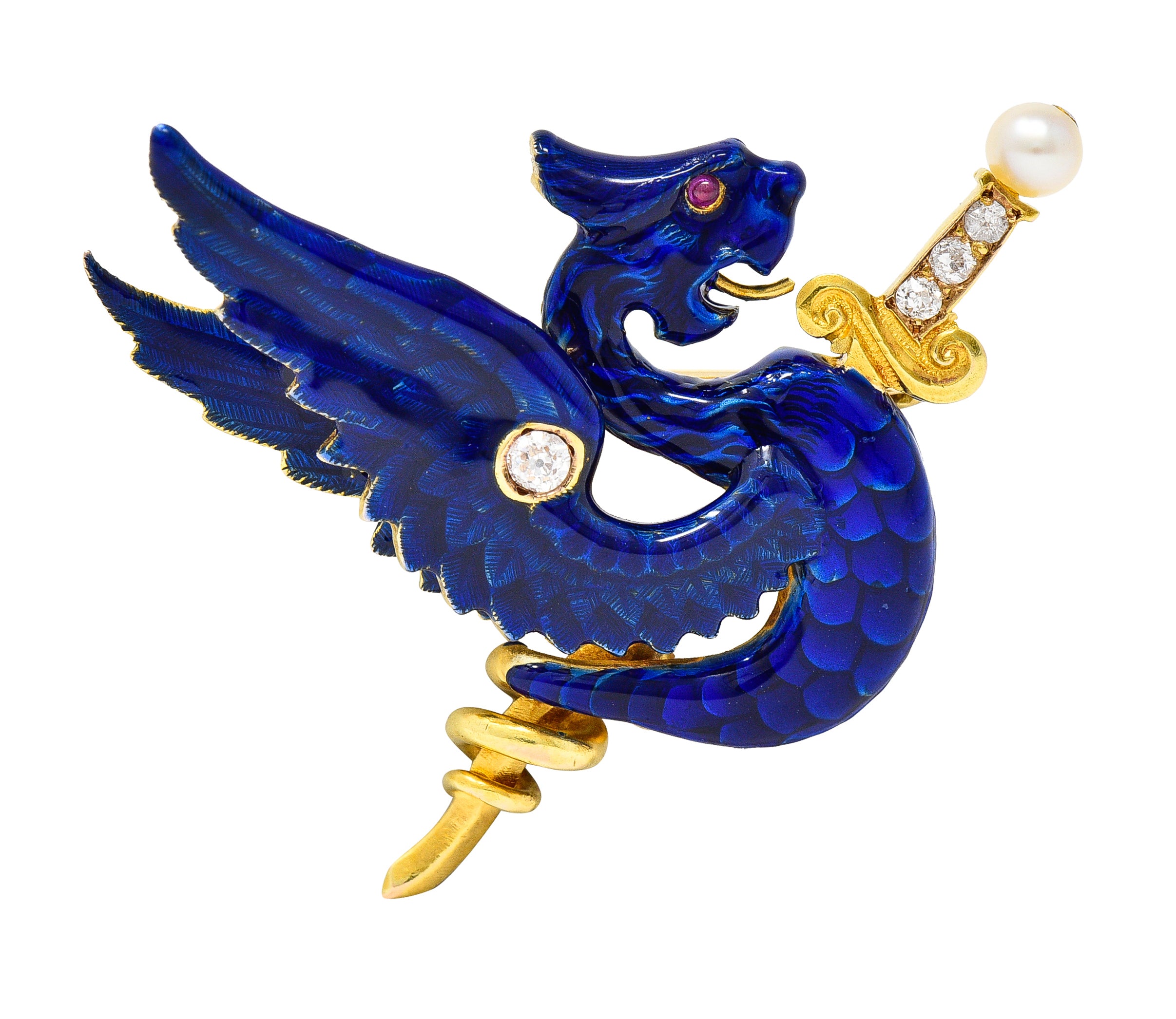 Riker Bros Art Nouveau Diamond Pearl Ruby Blue Enamel 14 Karat Gold Wyvern Serpent Dragon Sword Antique Unisex Brooch Wilson's Estate Jewelry