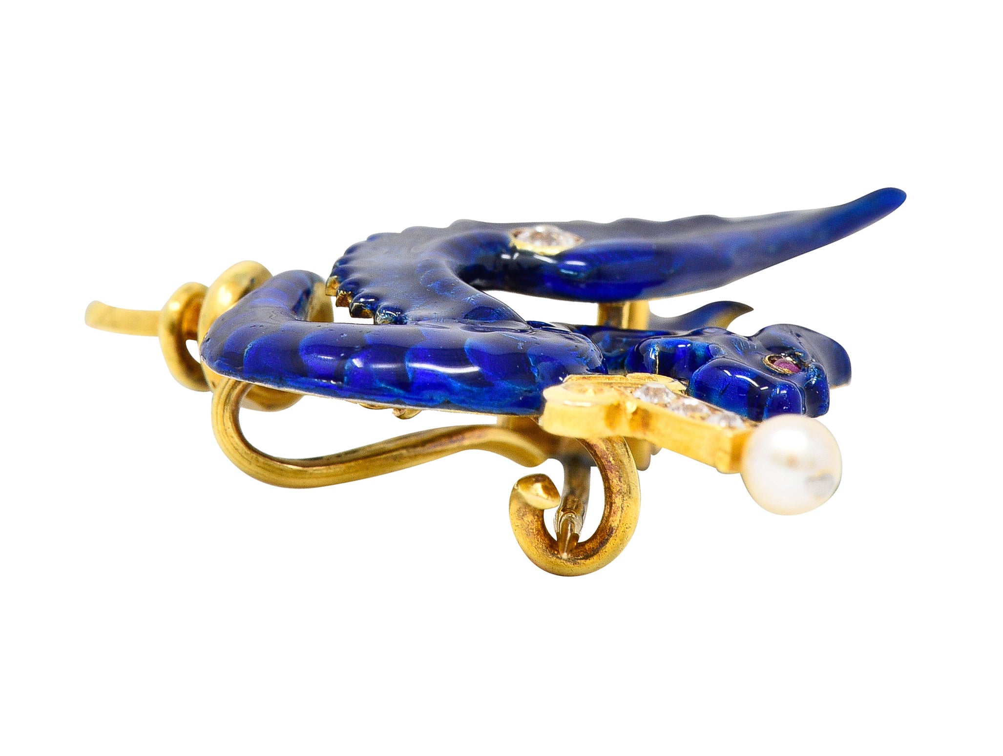 Riker Bros Art Nouveau Diamond Pearl Ruby Blue Enamel 14 Karat Gold Wyvern Serpent Dragon Sword Antique Unisex Brooch Wilson's Estate Jewelry