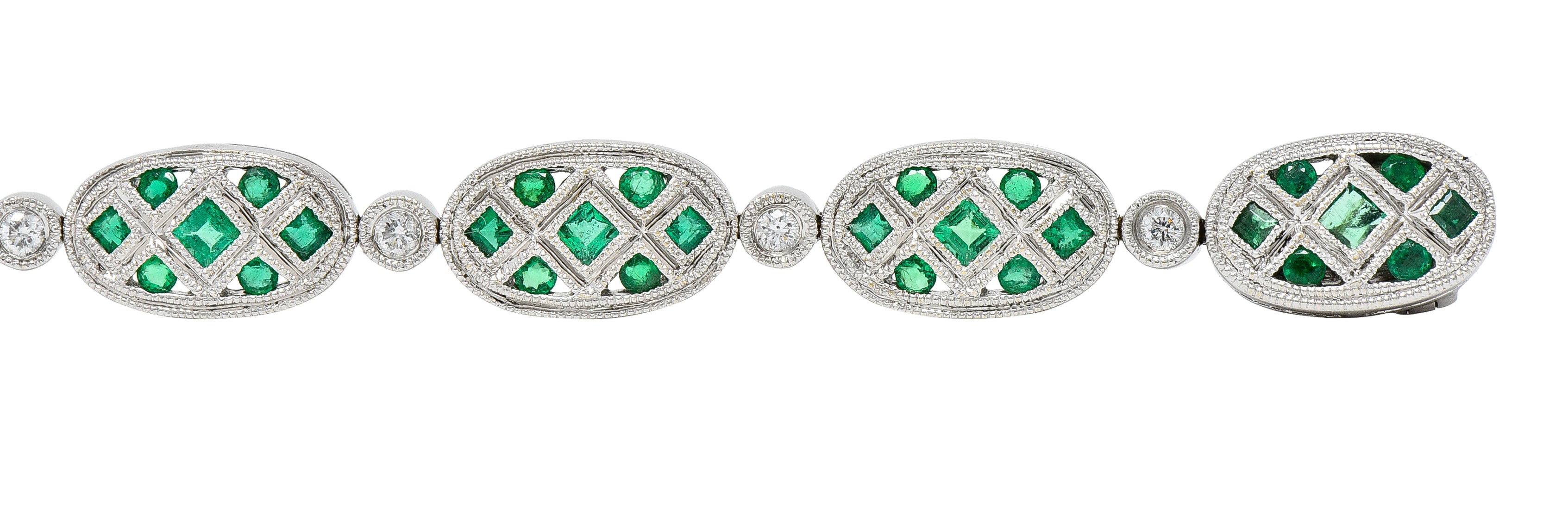 Contemporary 1.80 CTW Emerald Diamond 18 Karat White Gold Lattice Link Bracelet Wilson's Estate Jewelry