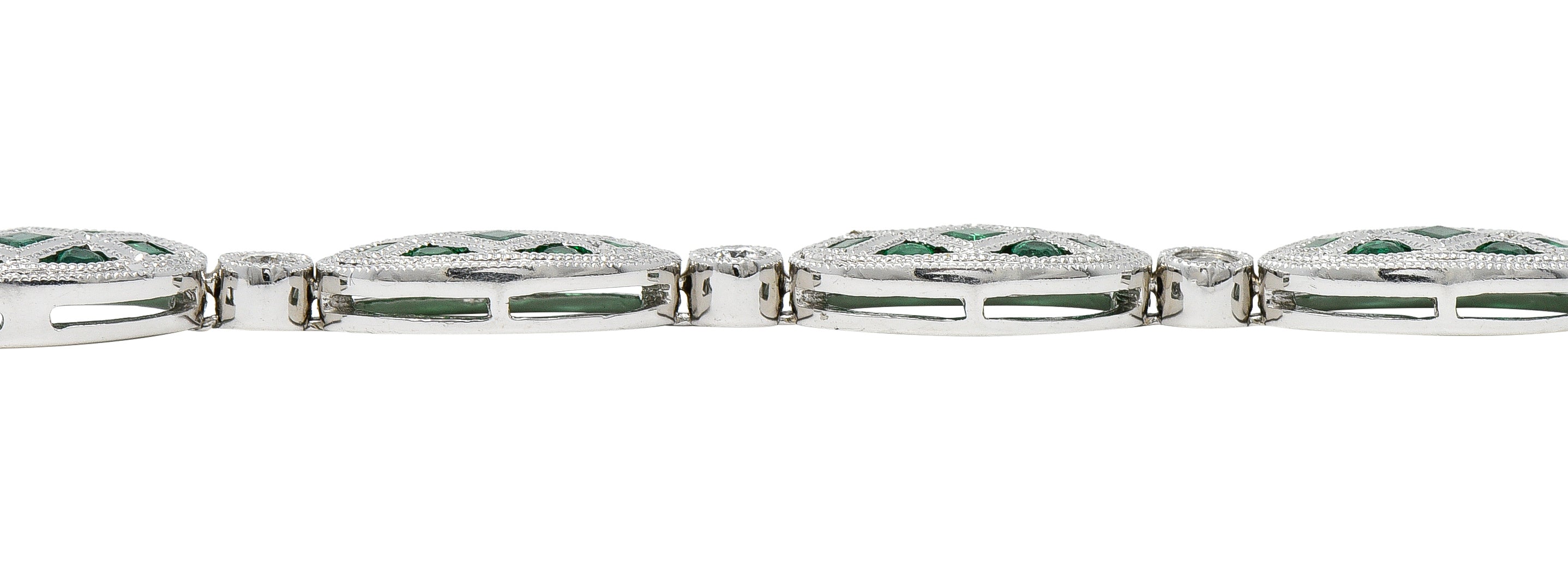 Contemporary 1.80 CTW Emerald Diamond 18 Karat White Gold Lattice Link Bracelet Wilson's Estate Jewelry