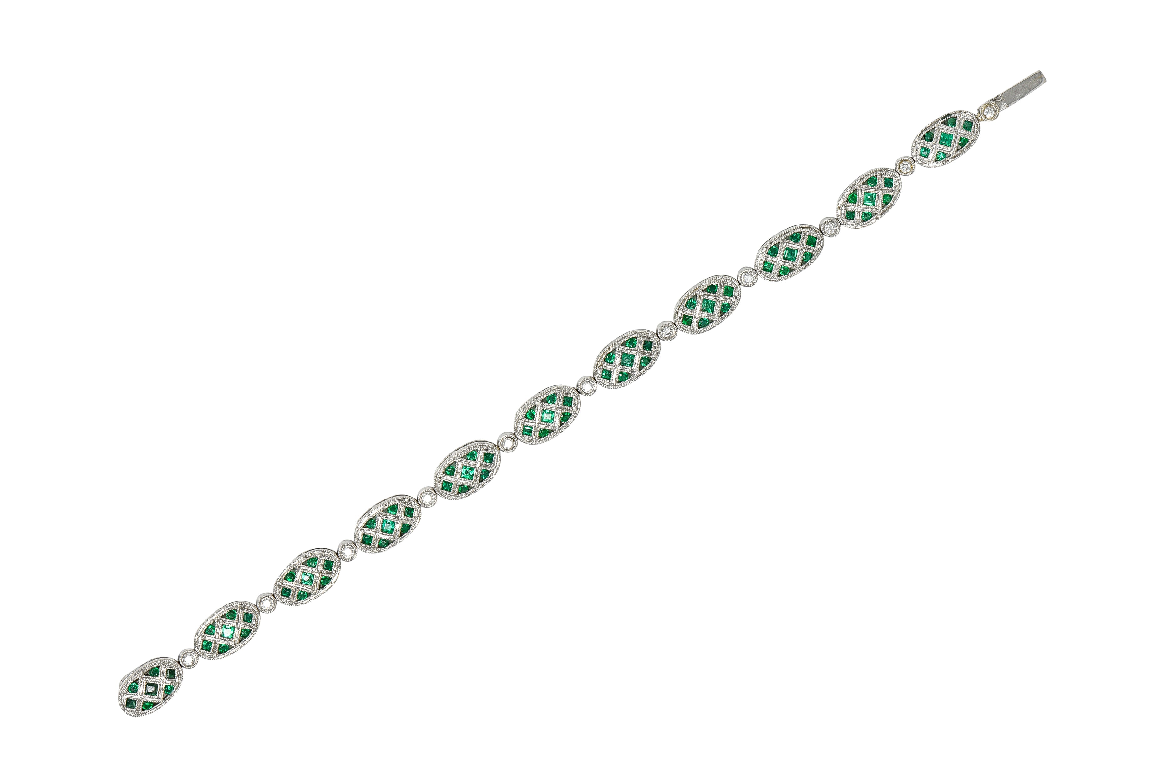 Contemporary 1.80 CTW Emerald Diamond 18 Karat White Gold Lattice Link Bracelet Wilson's Estate Jewelry