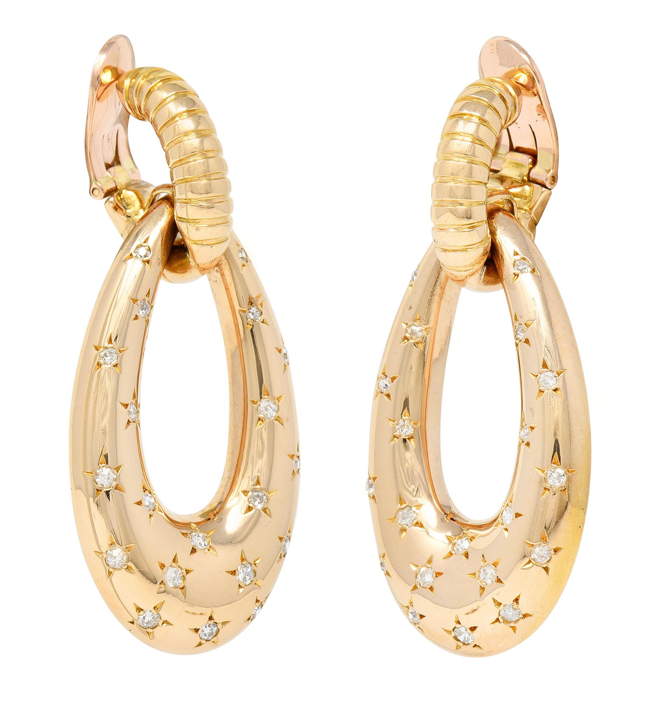 Mauboussin Paris Retro 1.10 CTW Diamond 18 Karat Rose Gold Star Gaspipe Vintage Ear-Clip Doorknocker Earrings Wilson's Estate Jewelry