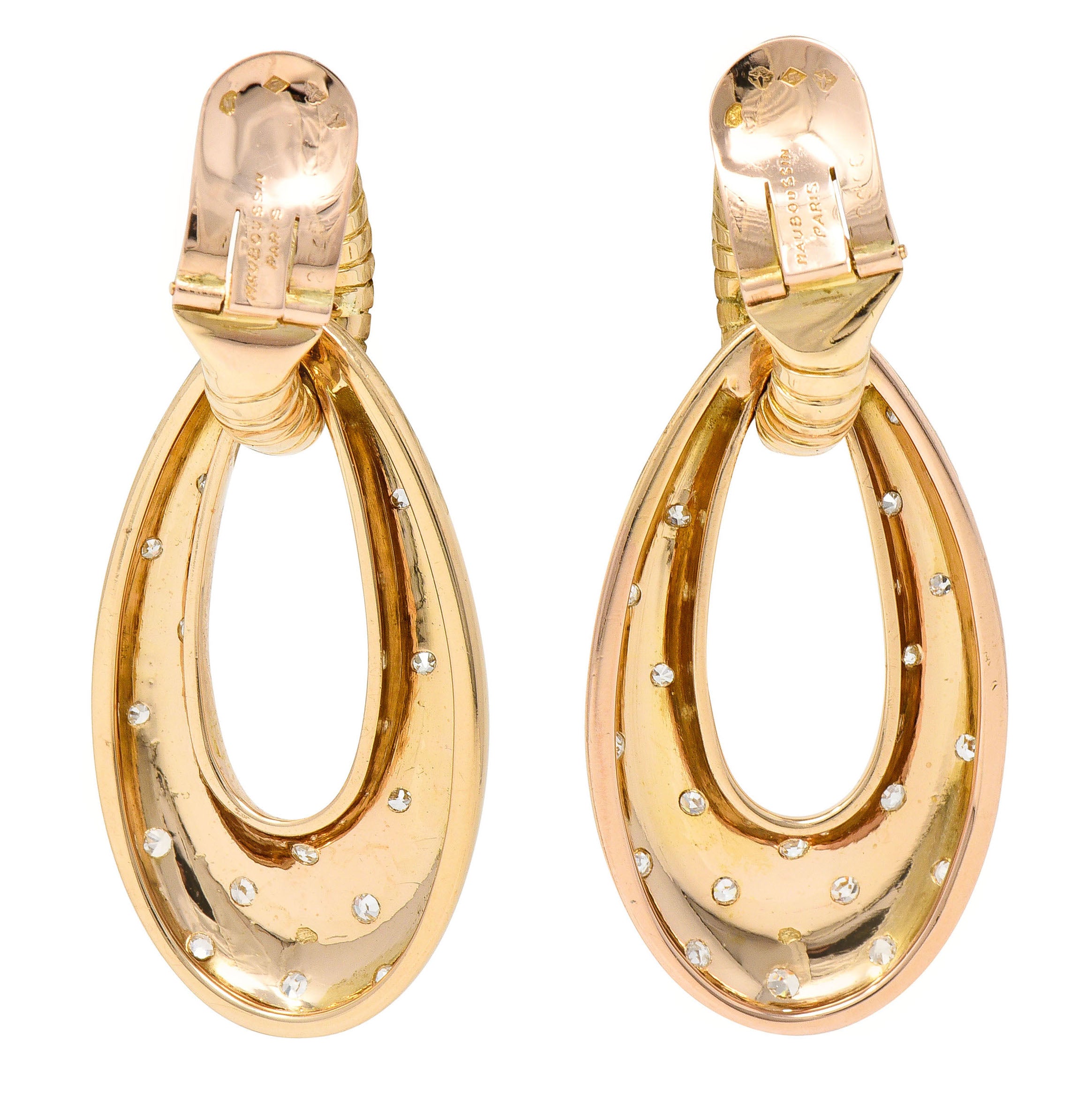 Mauboussin Paris Retro 1.10 CTW Diamond 18 Karat Rose Gold Star Gaspipe Vintage Ear-Clip Doorknocker Earrings Wilson's Estate Jewelry