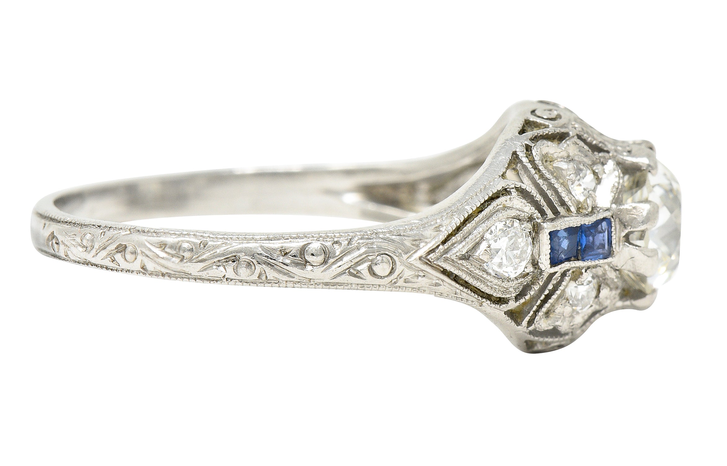 Art Deco 1.55 CTW Old European Diamond Sapphire Platinum Clover Vintage Engagement Ring Wilson's Estate Jewelry