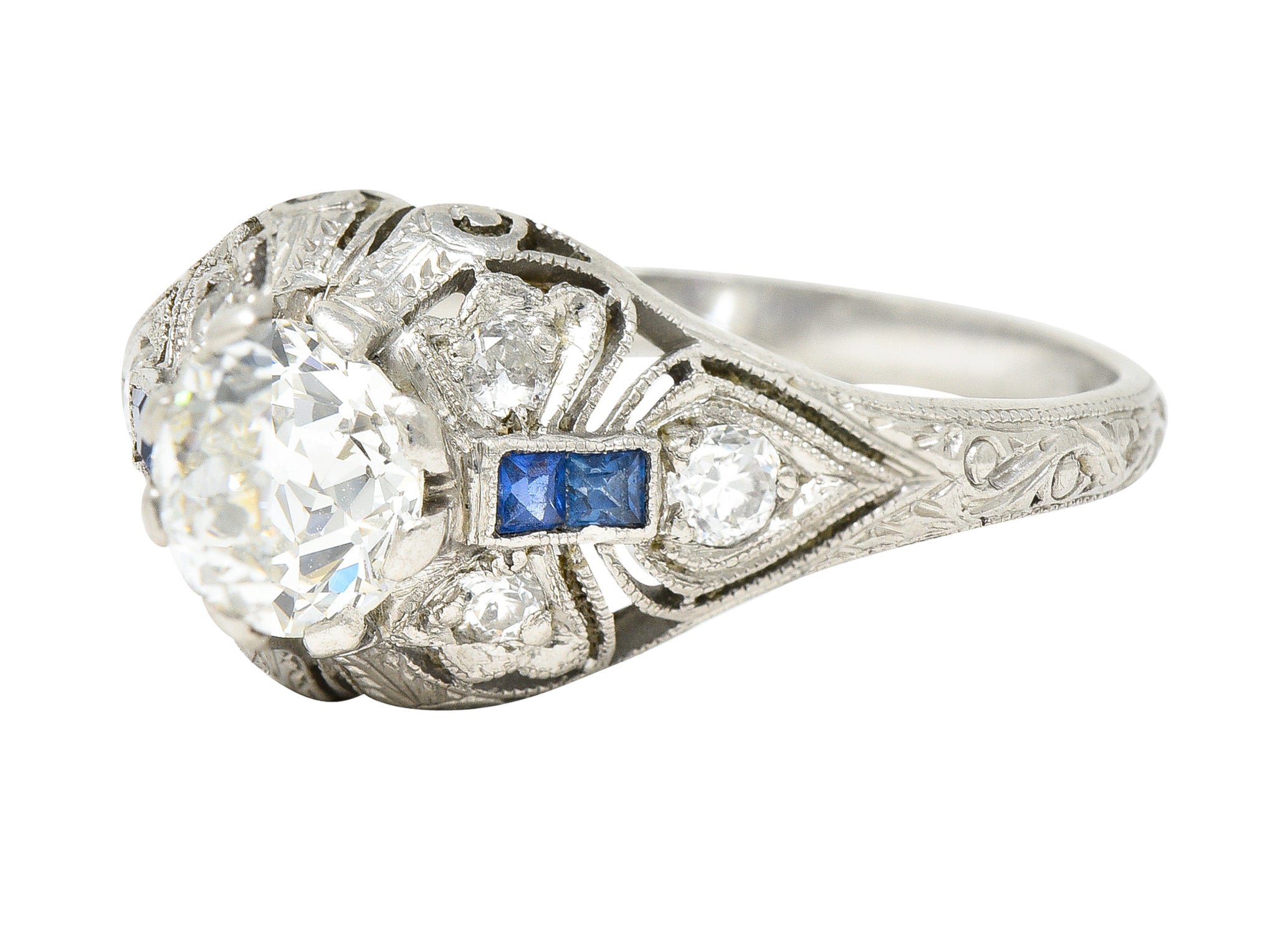 Art Deco 1.55 CTW Old European Diamond Sapphire Platinum Clover Vintage Engagement Ring Wilson's Estate Jewelry