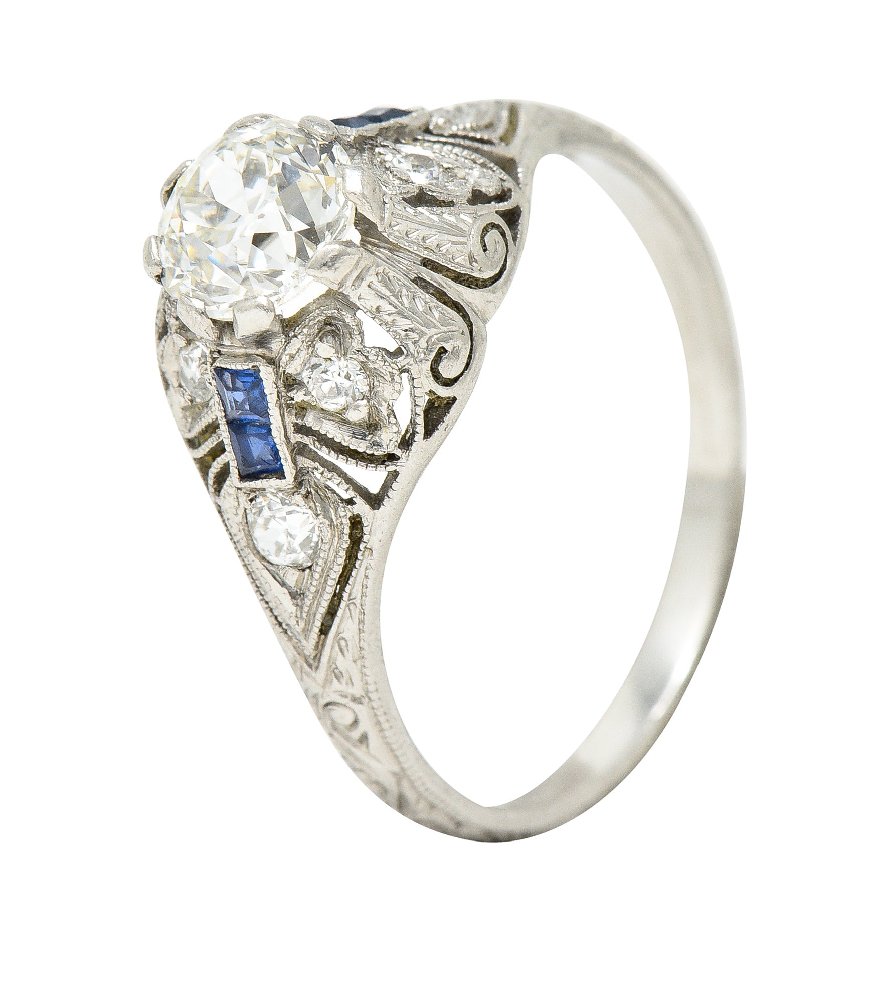 Art Deco 1.55 CTW Old European Diamond Sapphire Platinum Clover Vintage Engagement Ring Wilson's Estate Jewelry