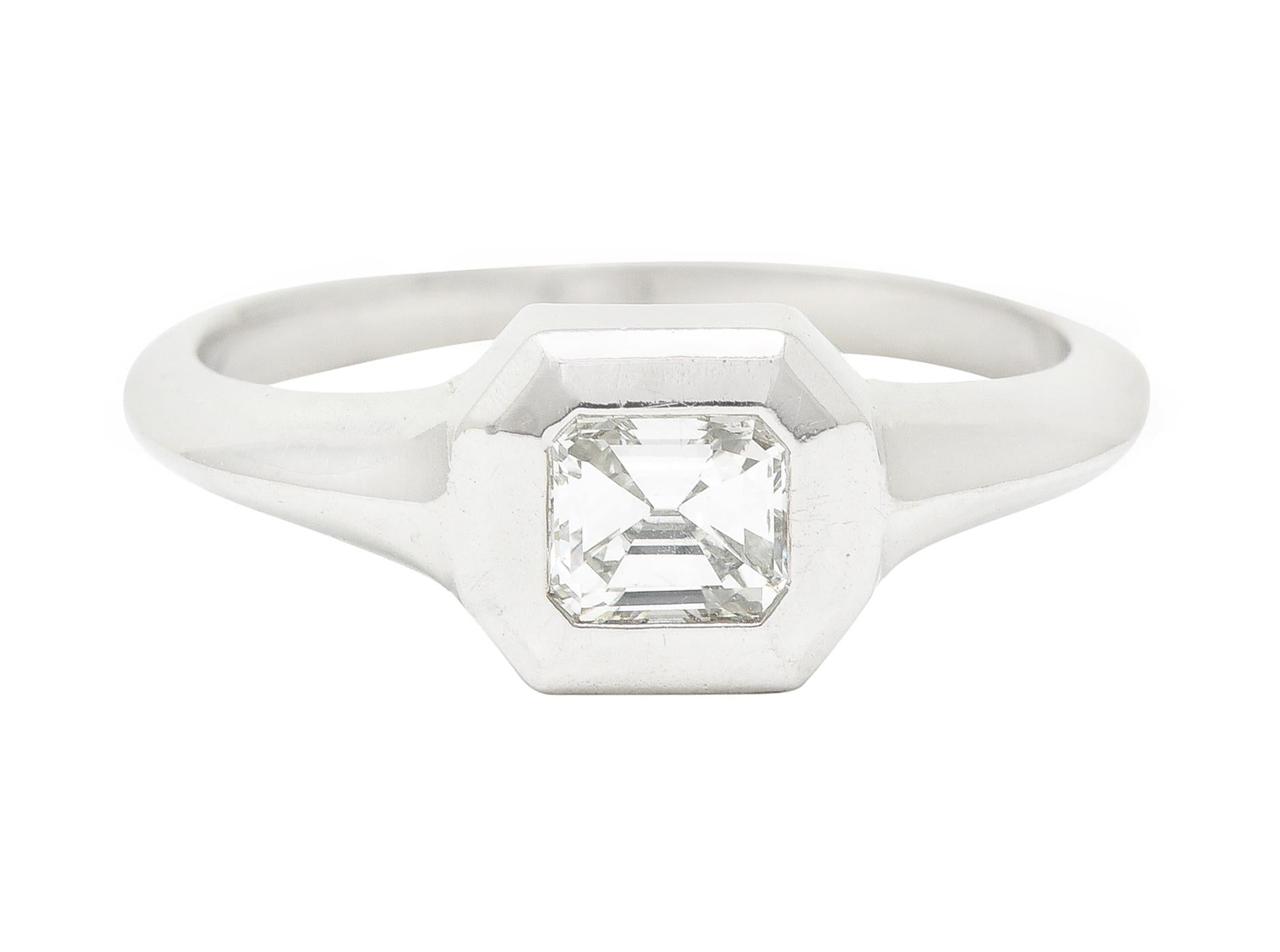 Emerald Cut Diamond Platinum Flush Set Solitaire Unisex Engagement Ring