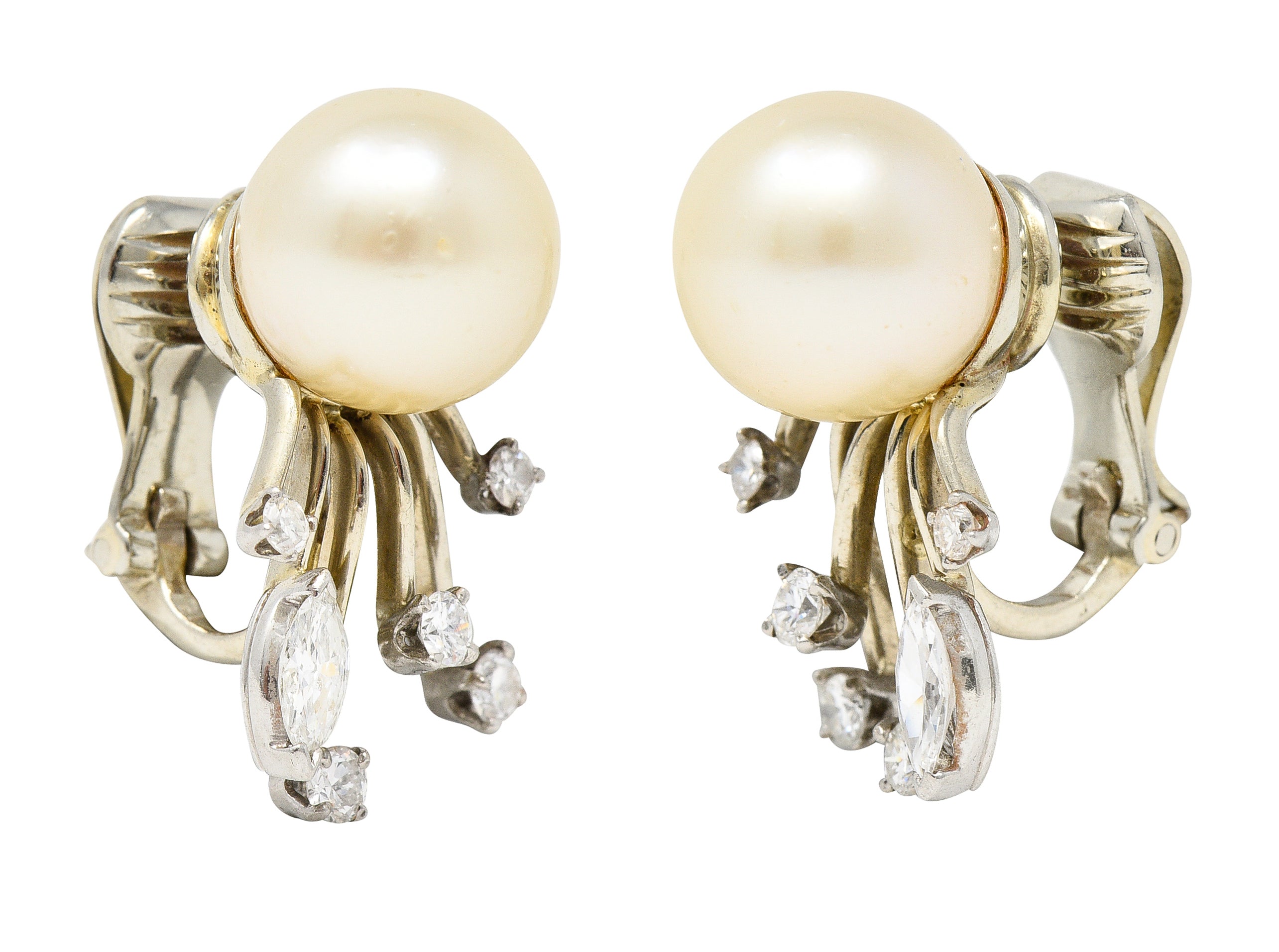 Trabert & Hoeffer Mid-Century Diamond South Sea Pearl Platinum Burst Vintage Ear-Clip Earrings Wilson's Estate Jewelry