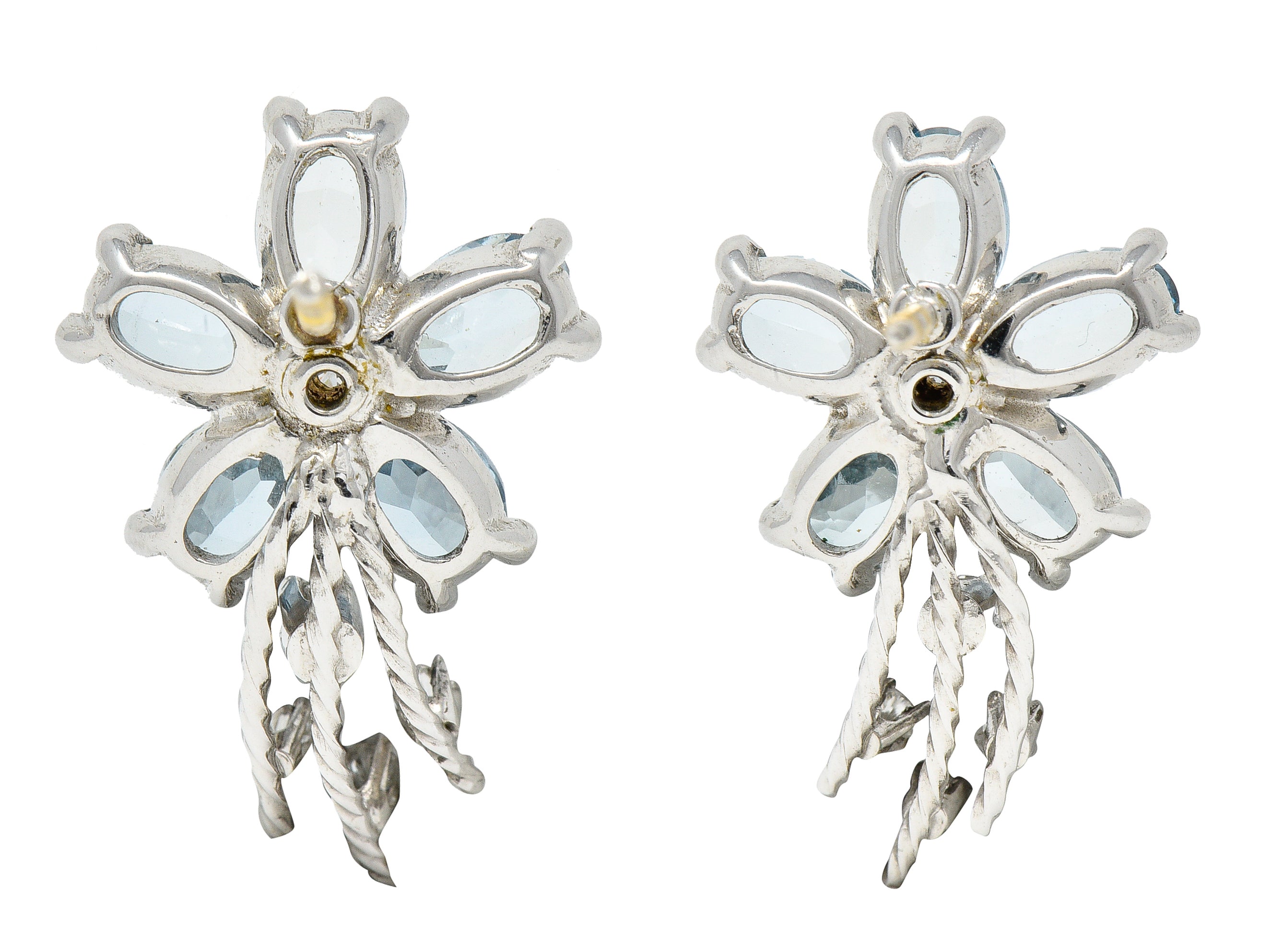 Mid-Century 3.42 CTW Aquamarine Diamond 14 Karat White Gold Floral Spray Vintage Earrings Wilson's Estate Jewelry