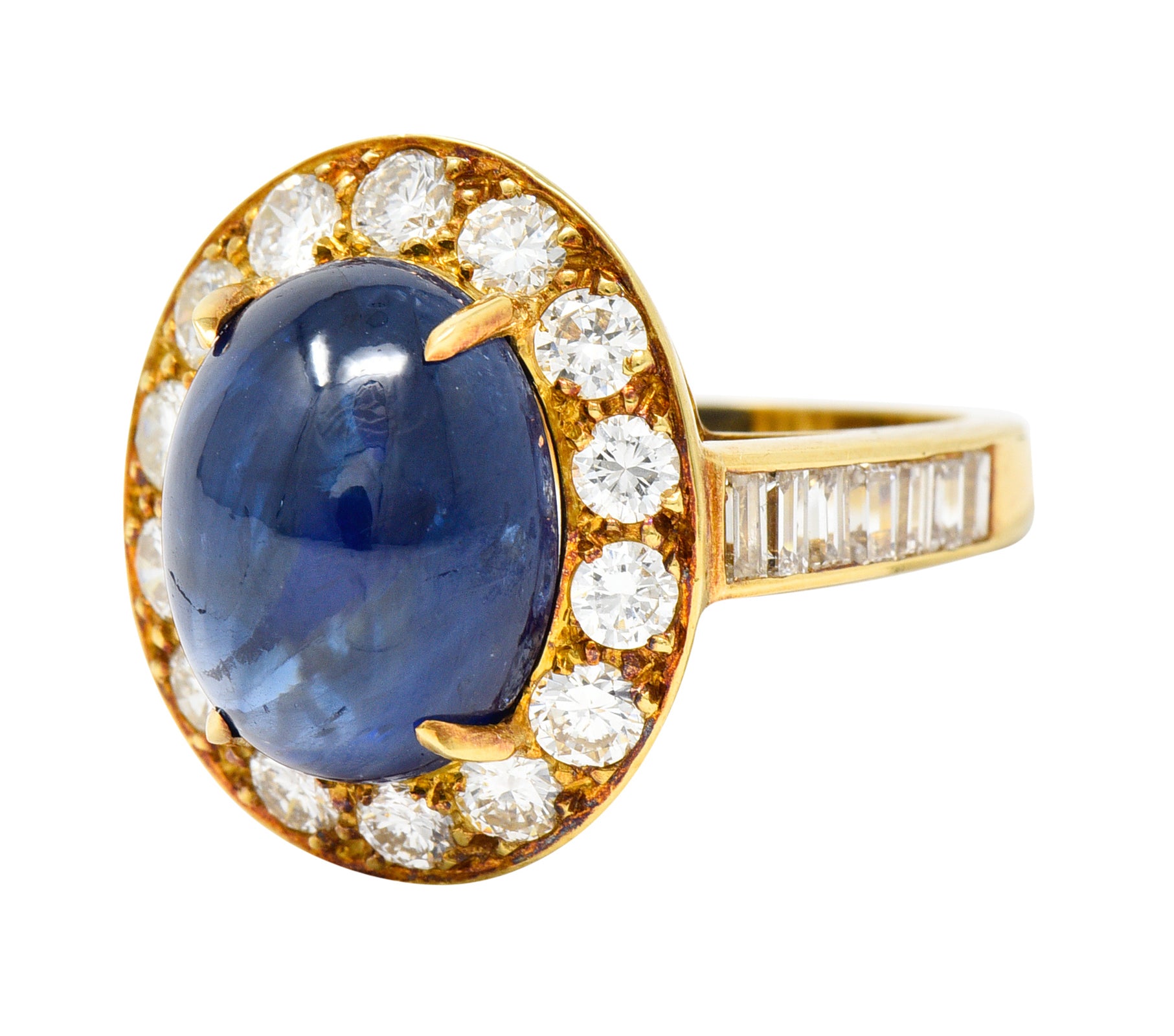 Van Cleef & Arpels 1980's 3.86 CTW Sapphire Cabochon Diamond 18 Karat Yellow Gold Vintage Halo Ring Wilson's Estate Jewelry