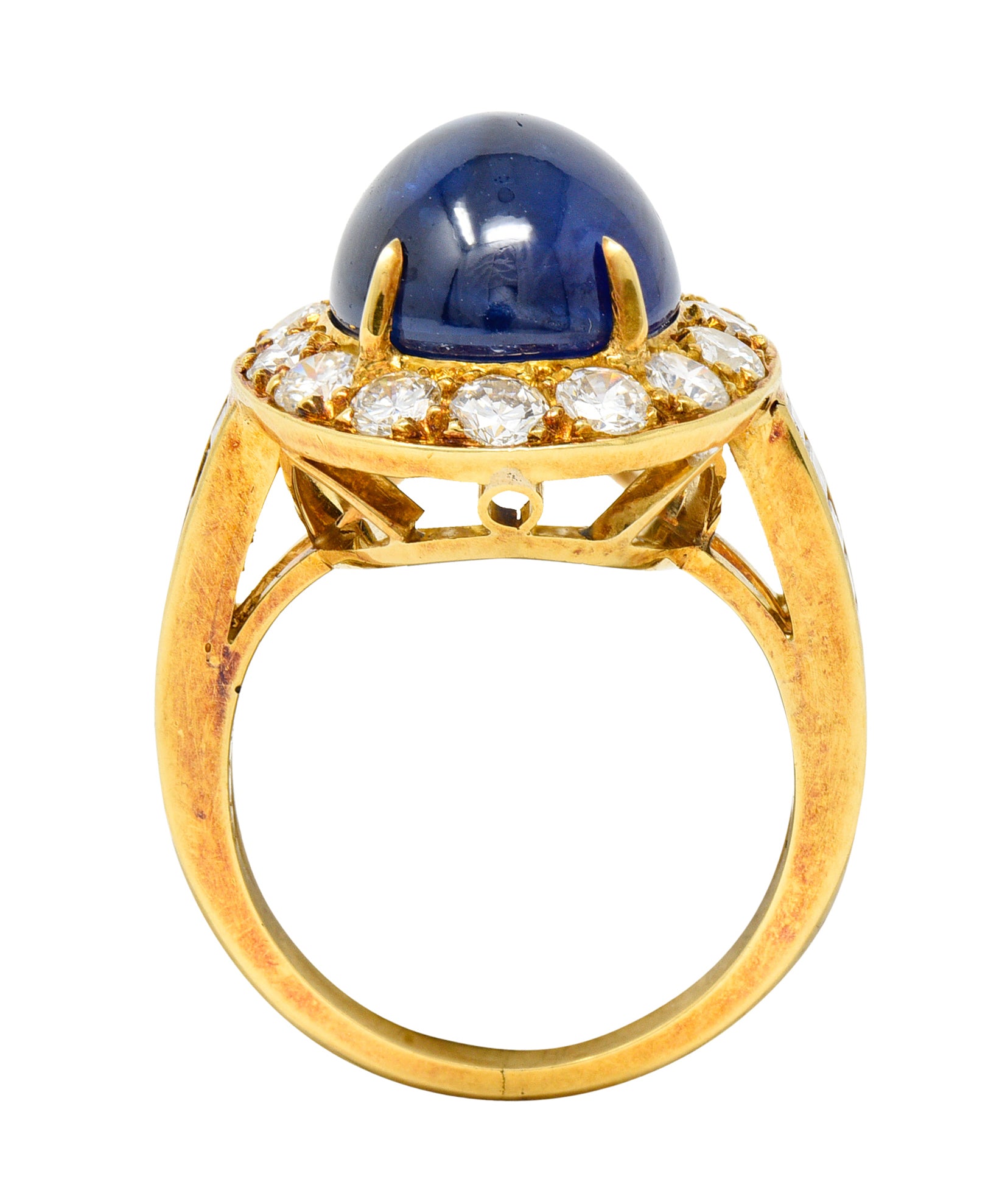 Van Cleef & Arpels 1980's 3.86 CTW Sapphire Cabochon Diamond 18 Karat Yellow Gold Vintage Halo Ring Wilson's Estate Jewelry